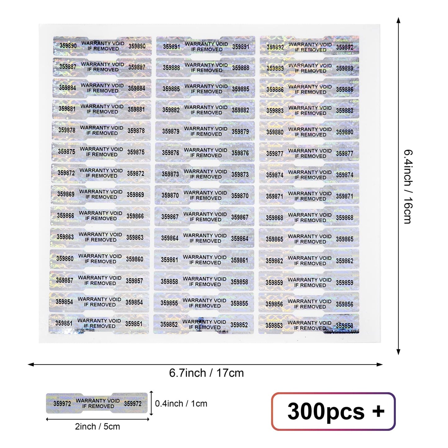 300 Pcs Hologram Tamper Evident Stickers, High Security Sticker, DogBone Warranty Void Tamper Proof Sealing Labels, Unique Sequential Serial Numbering (WZRYSEAL 2Inch X 0.4Inch) 300