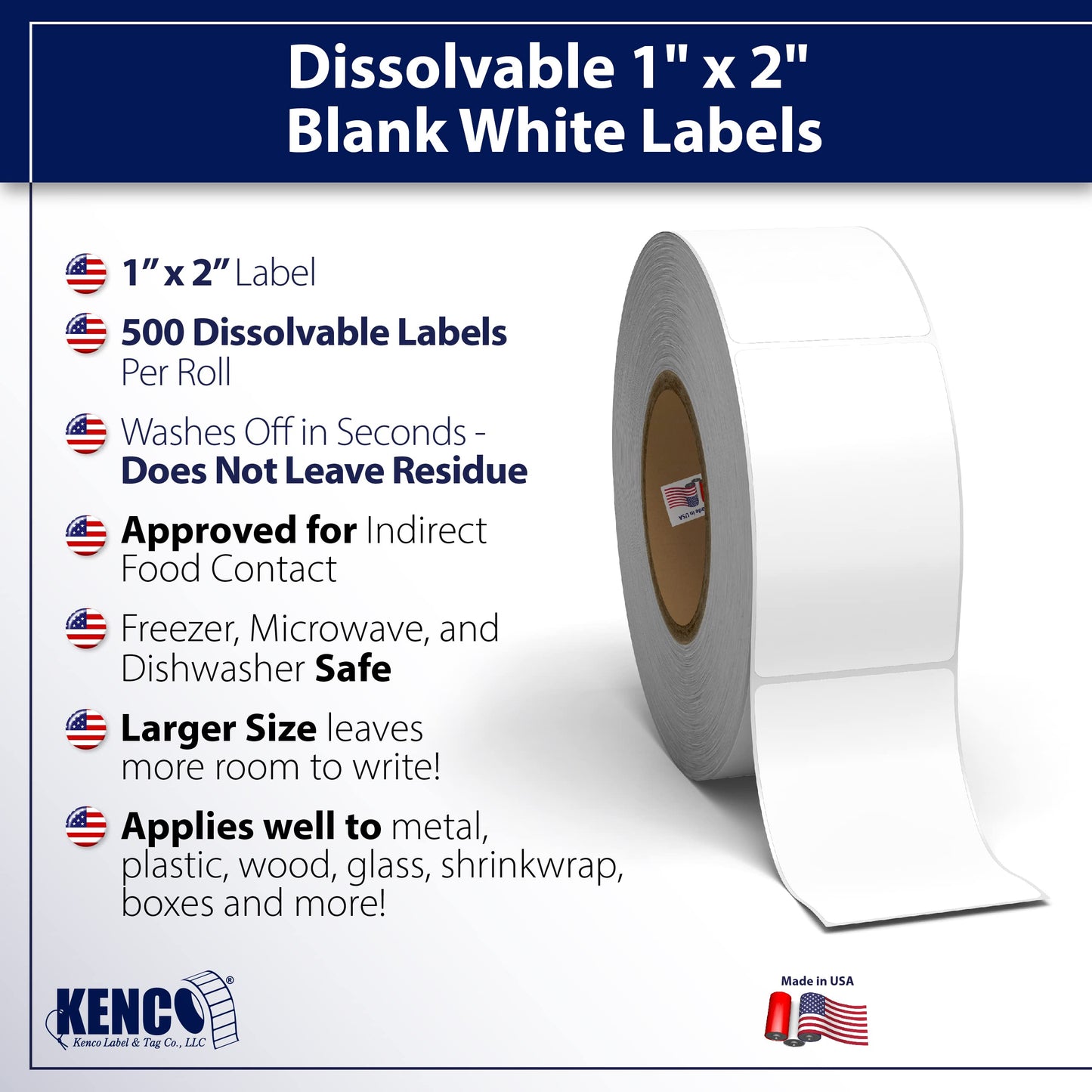 Blank White 1 X 2 Dissolvable Food Labels - Washes Off Qucikly No Residue - for Food Prepe and Rotation, Canning and More! Made in The USA (1 Pack) 1 PACK