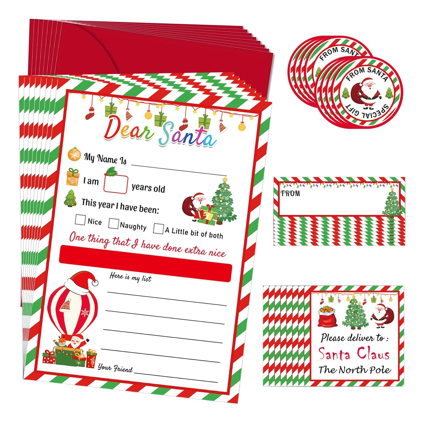 10 Set Santa Letter Kit Christmas Official Letters to Santa Christmas Wish List to Santa,Include Writing Letter/Envelopes/Address Labels/Seals Stickers/Return Address Label