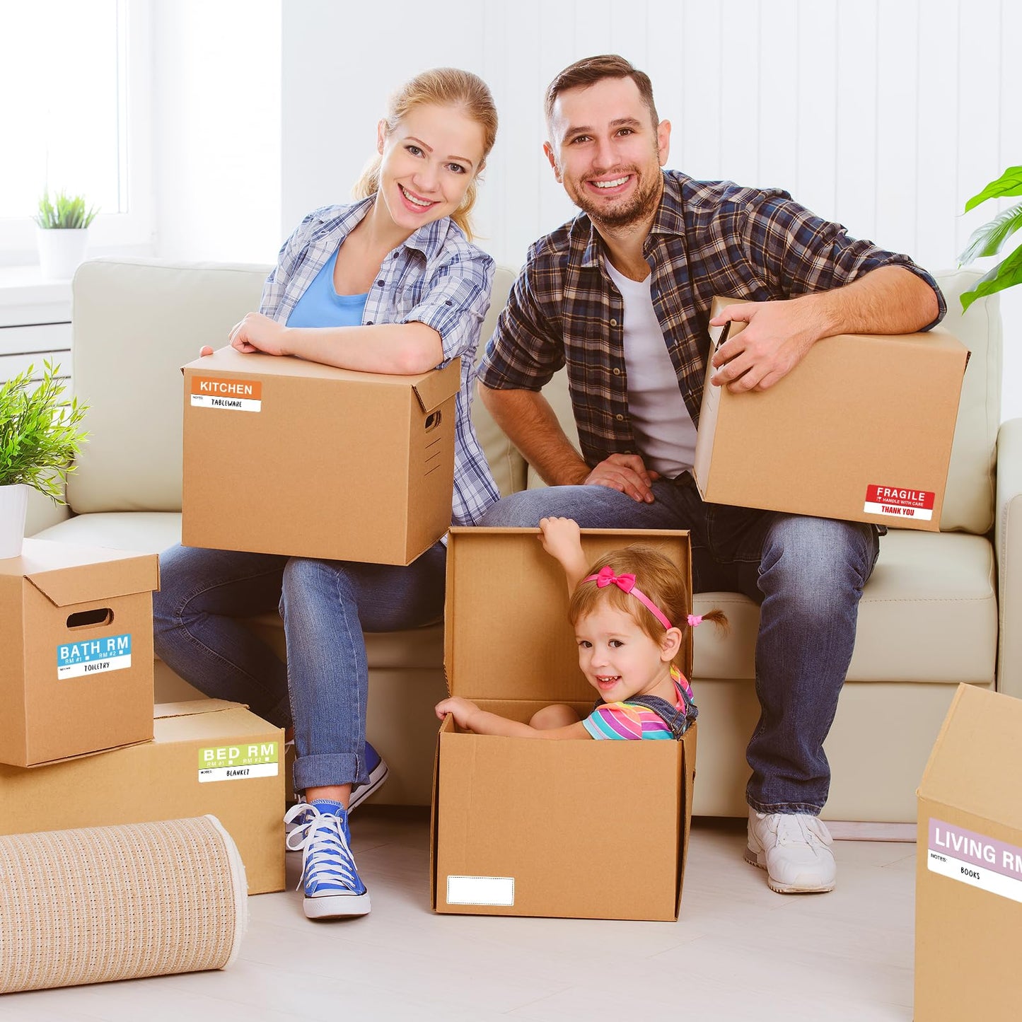 300 pcs Home Moving Labels,5 Pre-Printed Color-Coded Coding Labels with Writable Notes Areas Packing Box Stickers for Boxes with 50 Fragile Stickers & 50 Blank Ones (Each Measures1.7 x 3.6in) 2 x 3 in