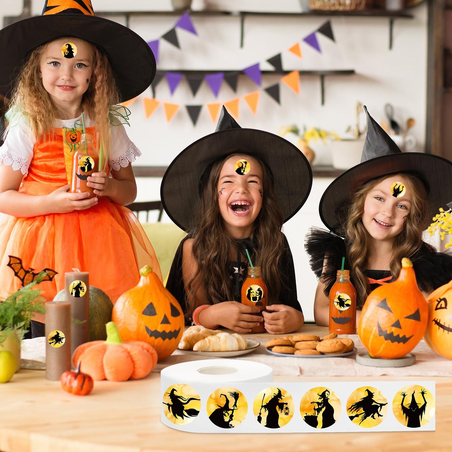 1000Pcs Halloween Stickers Roll Black Witch Round Decals Adhesive Sealing Labels for Trick or Treat Party Favor Supplies, 8 Designs