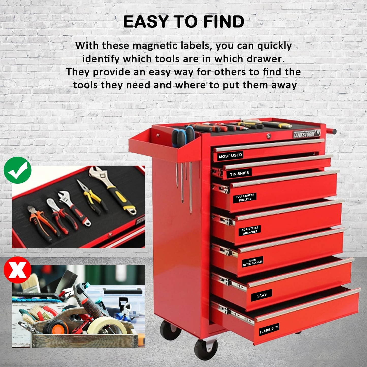 Magnetic Tool Box Organization Labels,Tool Chest Organizer Labels with Strong Magnets,Easy to Read Printing - Fits All Brands of Steel Tool Box Drawers (72 Pcs, 4 x 1 Inches) Black
