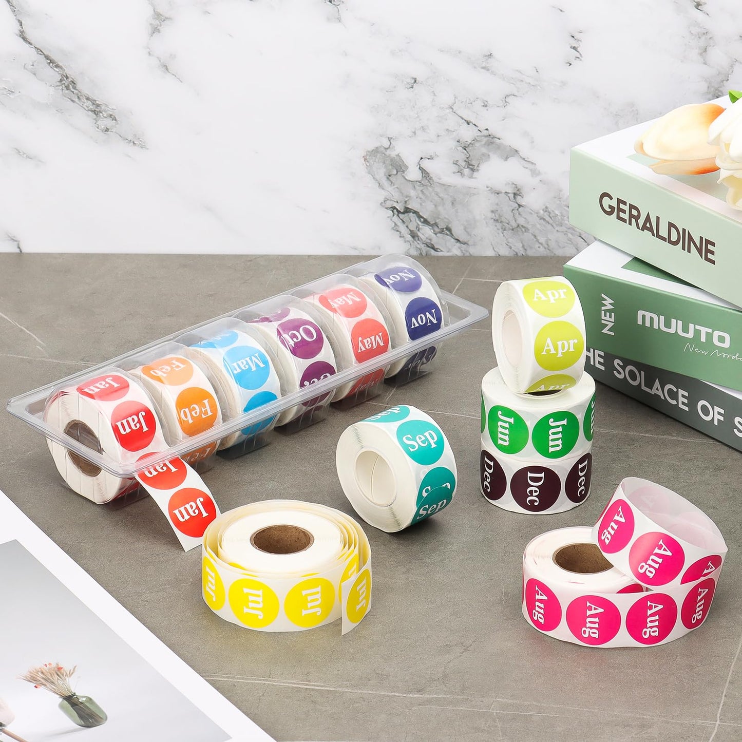 2 Pcs Monthly Label Holder Organizer with 6000 Pcs Round Month Labels Months of The Year Labels Expiration Date Stickers Food Labels Stickers Removable Labels Color Coding Label Stickers
