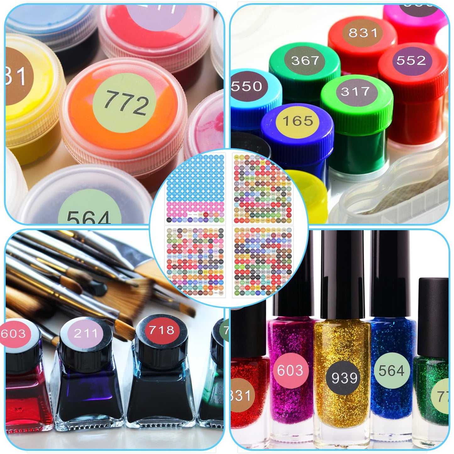 4 Sheets Color Number Stickers Dmc 447 Round Diamond Labels Painting Multicolored Labels Art Stickers for Painting Boxes Containers