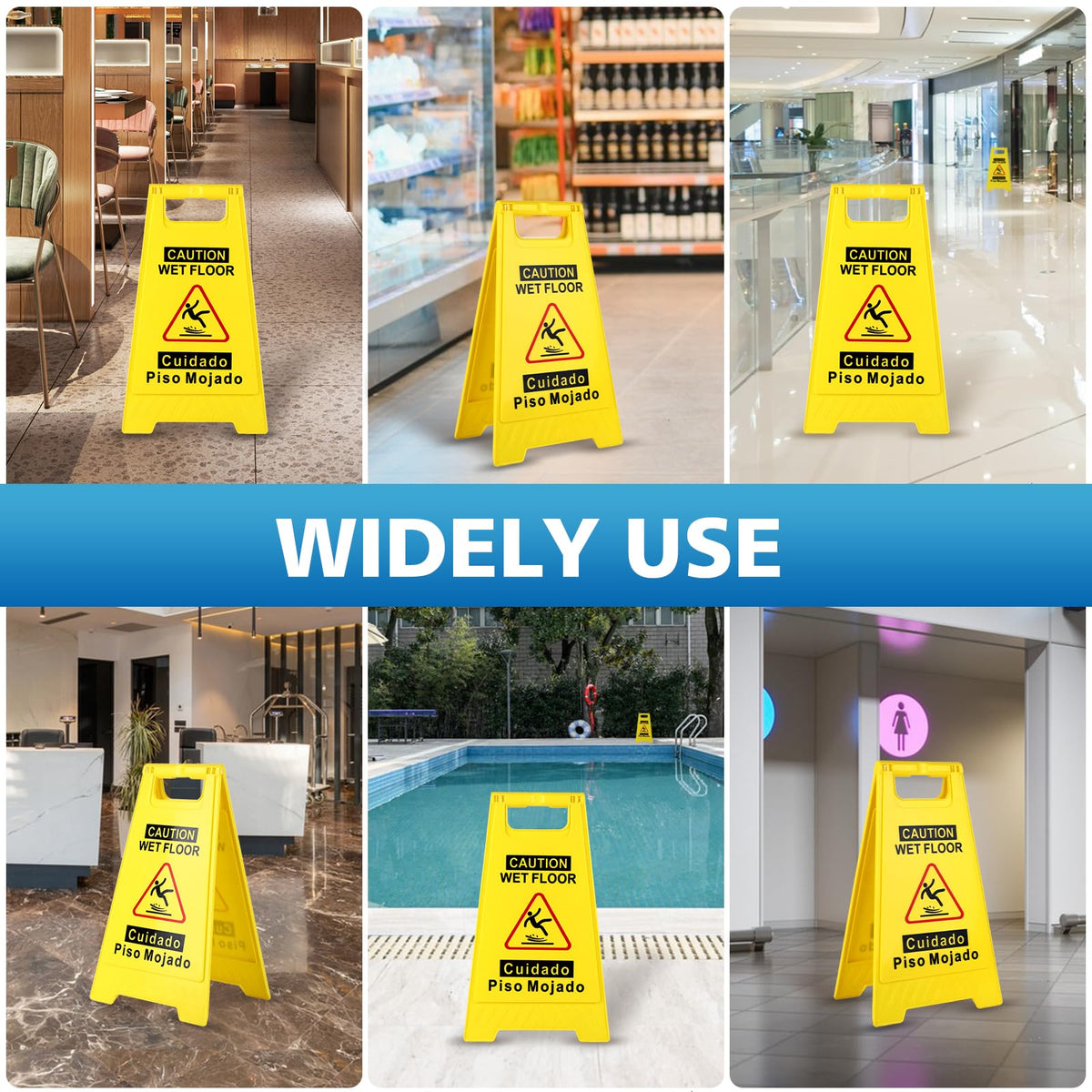 WOUSEDO 2-Pack Caution Wet Floor Sign,17.5" Height,Bright Yellow Double-Sided Folding A-Shaped Frame Design, Bilingual Caution Message 2PACK Yellow