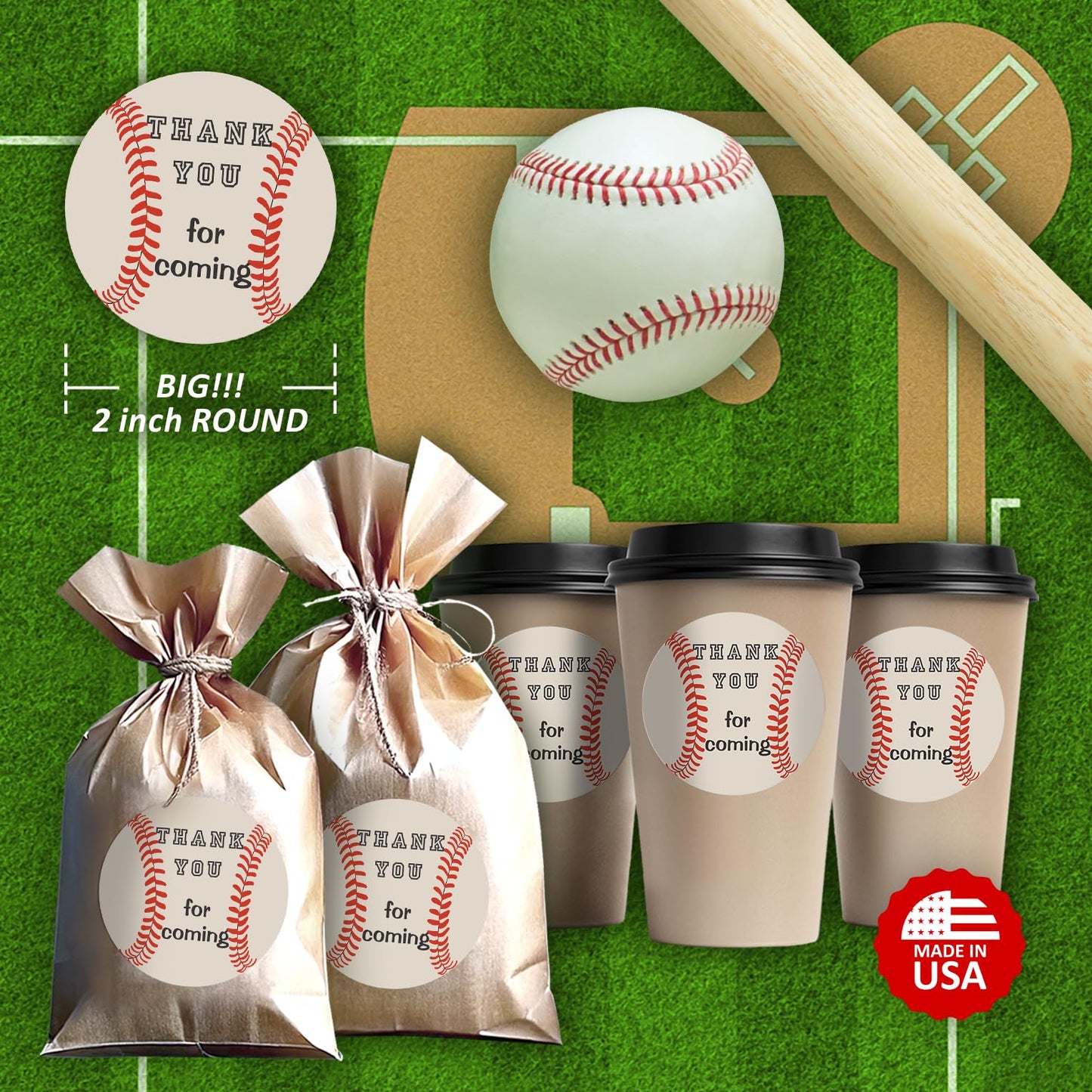 40 Thank You Baseball Labels, 2 Inch Big Round Glossy Stickers, Great Stickers for Birthday Party, Baby Shower, Wedding, Graduation, or Any Family Sports Event Decorations, Made in USA