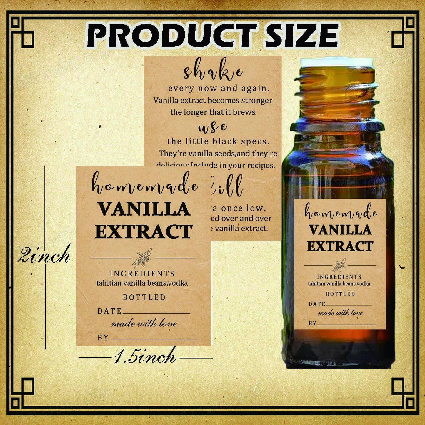 48 Pack Kraft Homemade Vanilla Extract Stickers 1.5×2 inch Square Personalized Vanilla Instruction Labels for Handcrafted Vanilla Bottles,Holiday Christmas Gifts,Jar Kitchen Pantry