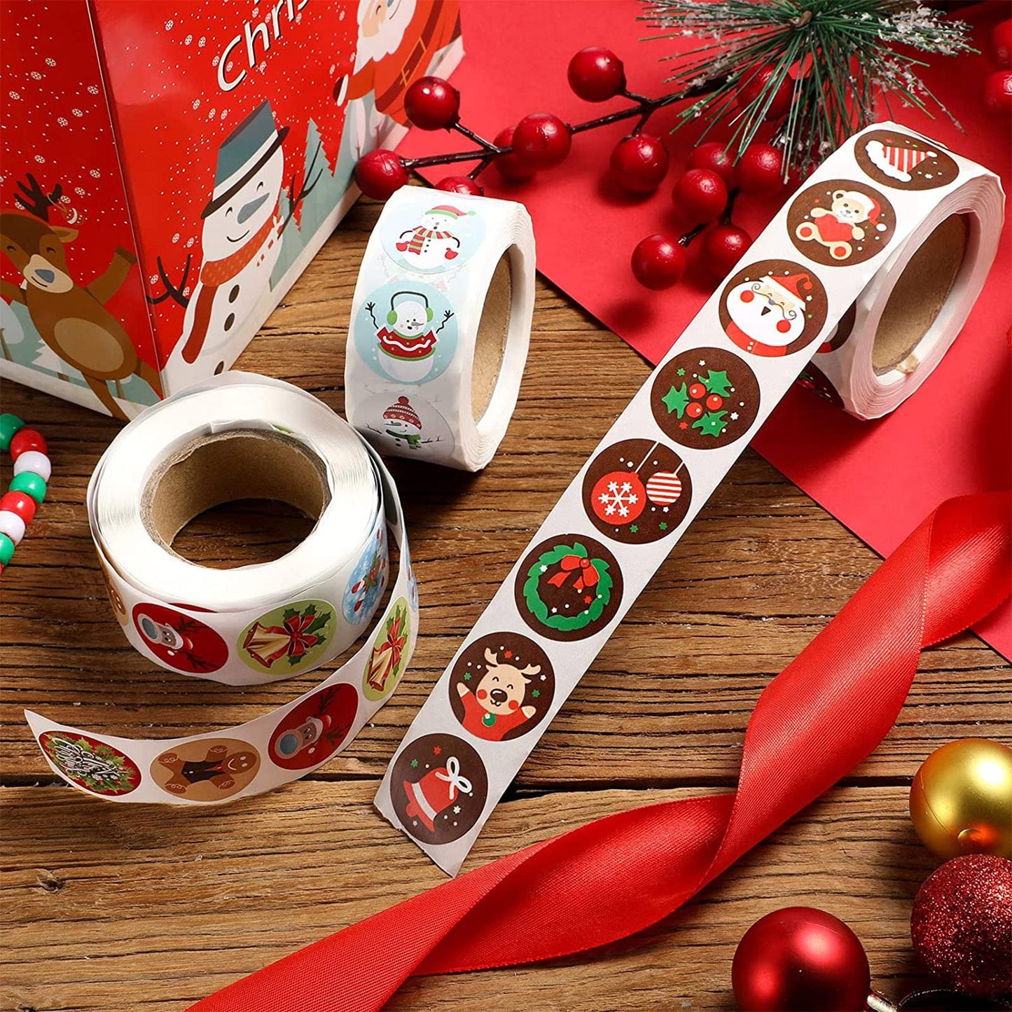 6 Rolls 3000 Pieces Christmas Stickers Round Adhesive Labels - Xmas Decorative Labels Roll 1 Inch 48 Designs for Cards Envelopes Boxes