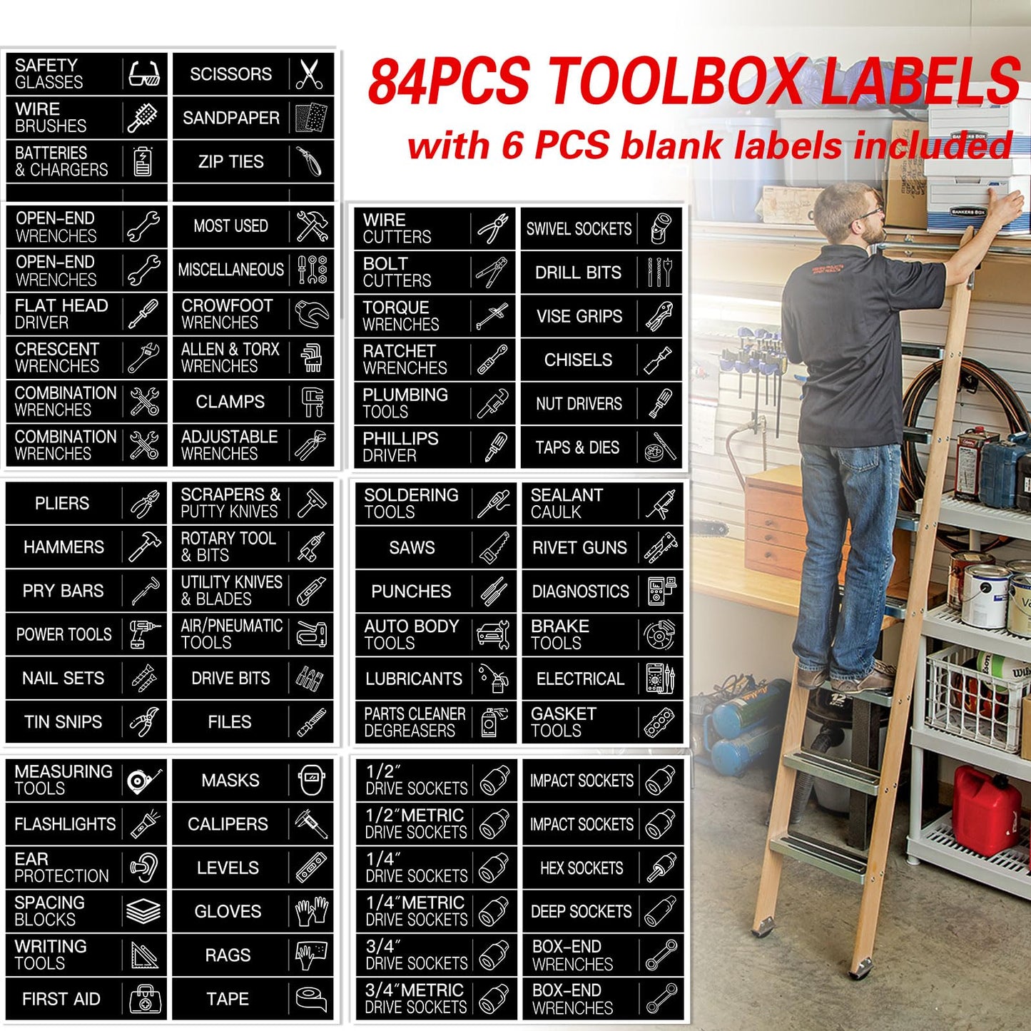 84 PCS Toolbox Organization Labels,Removable Tool Chest Label Stickers, Tool Box Accessories for Tool Box Drawers,3 x 0.79 Inches,with 6 PCS Blank Labels for DIY (Black)