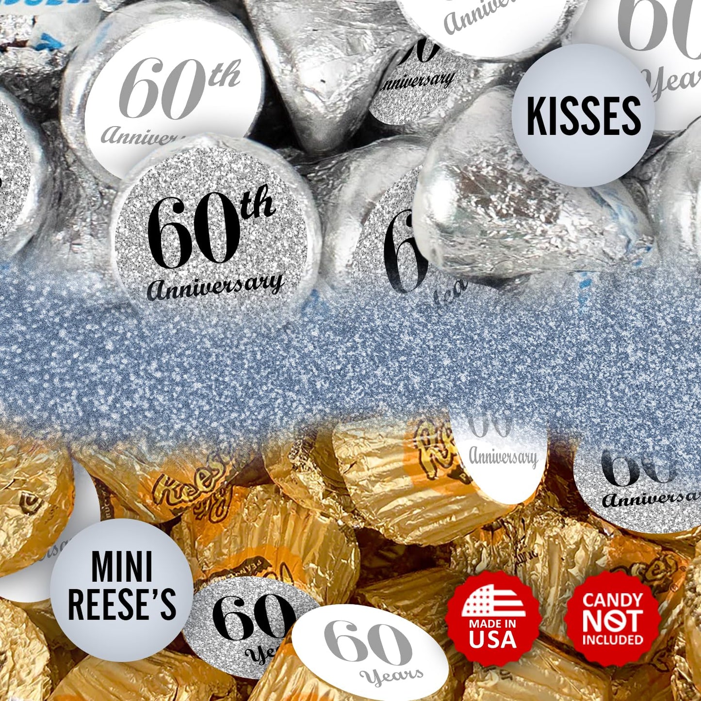 60th Anniversary Kisses Stickers, (Set of 216) Chocolate Drops Labels Stickers for 60 Wedding Anniversary, Party Favors Decor for Kisses. Made in USA