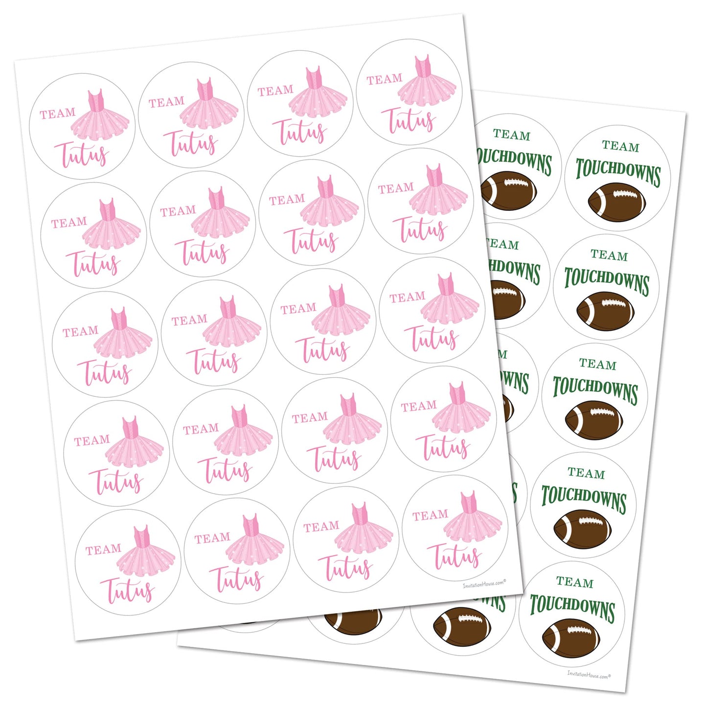 2" Round Touchdown or Tutus Gender Reveal Stickers - 40 Labels (20 of Each Design)