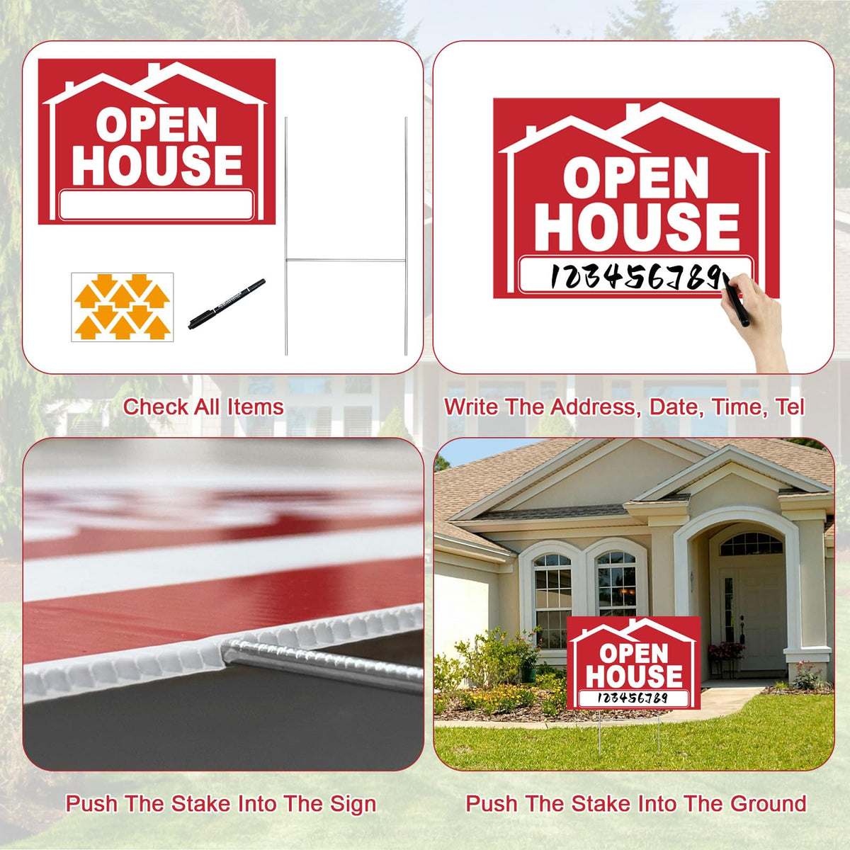 5 Pack Open House Signs for Real Estate 3 Pcs 17"X12" Large Double Sided Yard Signs with Metal Stakes, and 2 Pcs Directional Signs with Arrow, Suitable for Agents Property Sale 17 x 12 inches