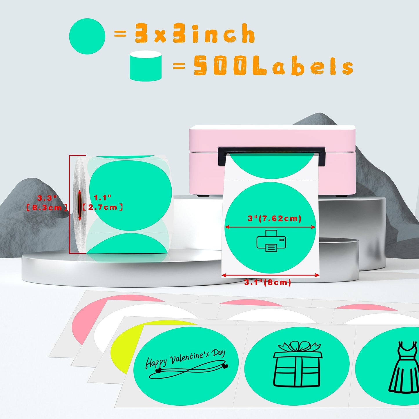 PARLAIM 3 Inch Round Direct Thermal Labels, Self-Adhesive Circle Stickers for Thermal Printer, 500 per/Roll, DIY Design, QR Code, Name Tag (Aqua) Aqua
