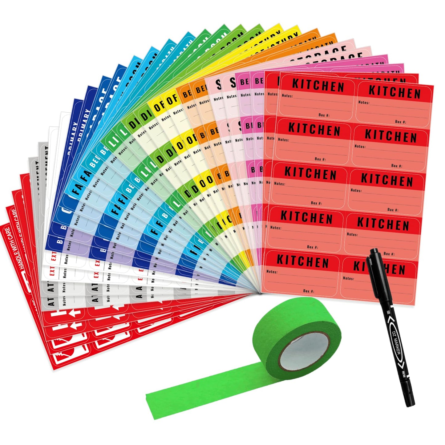Large Color-Coded Moving Labels, 450 Stickers for Home Supplies With Removable Tape, Fragile Packing Labels for Boxes, Organizing and Packing Pack-450