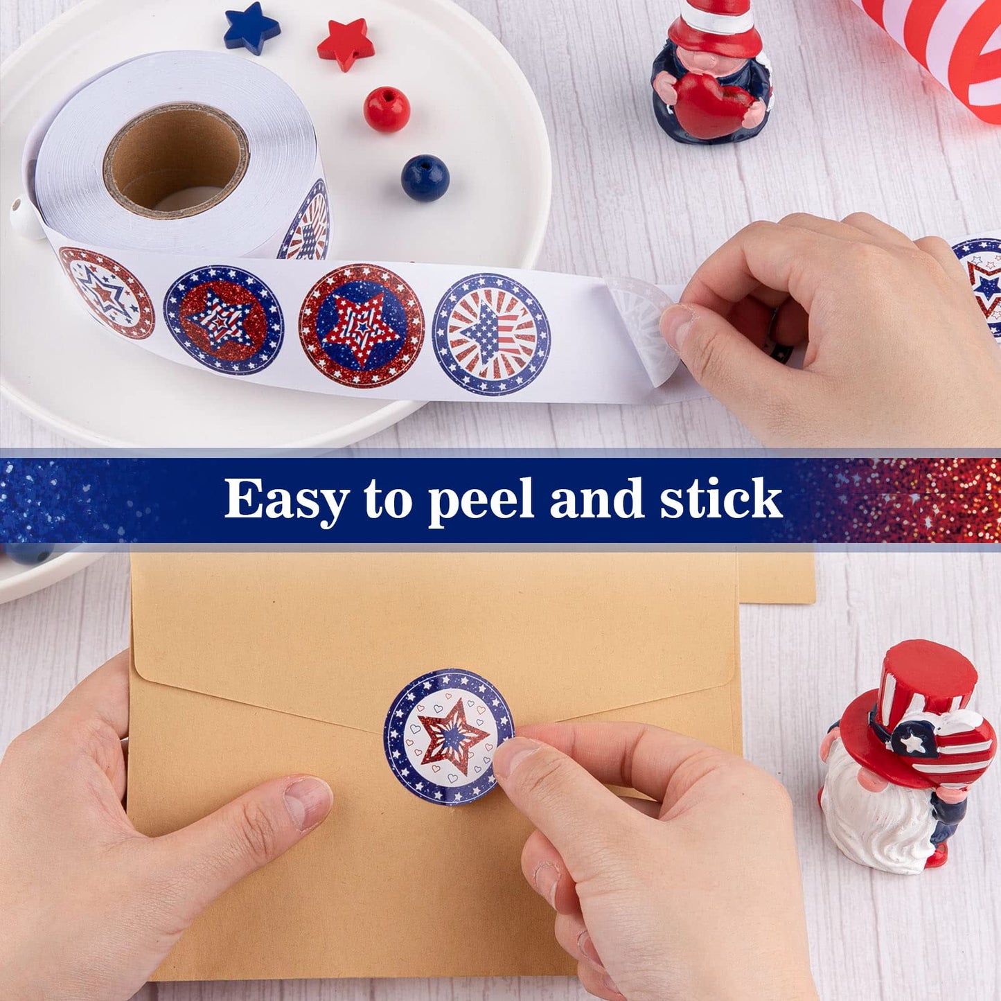 Whaline 600Pcs American Flag Stickers Glitter Patriotic Star Label Sticker Independence Day Stickers 4th of July Decals 8 Design Adhesive Sealing Labels for Envelopes Baking Bag Party Favor Supplies