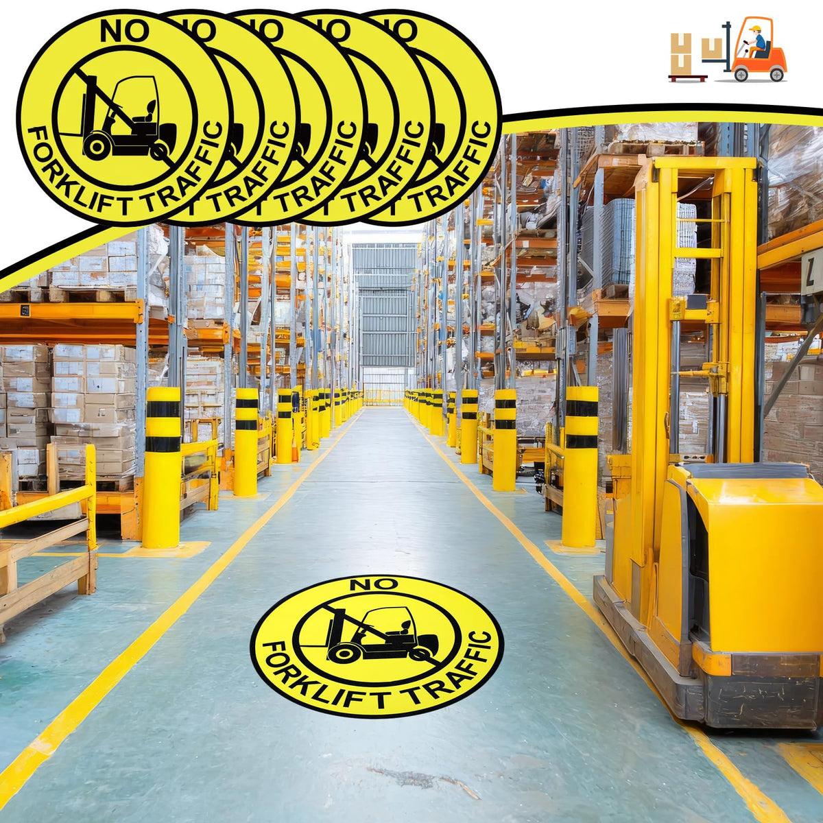 5 Pcs No Forklift Traffic Sign - 12 Inch Forklift Traffic Floor Adhesive Sign for Safety Warning Industrial Sticker for Work Shop Warehouse Office Yellow 5