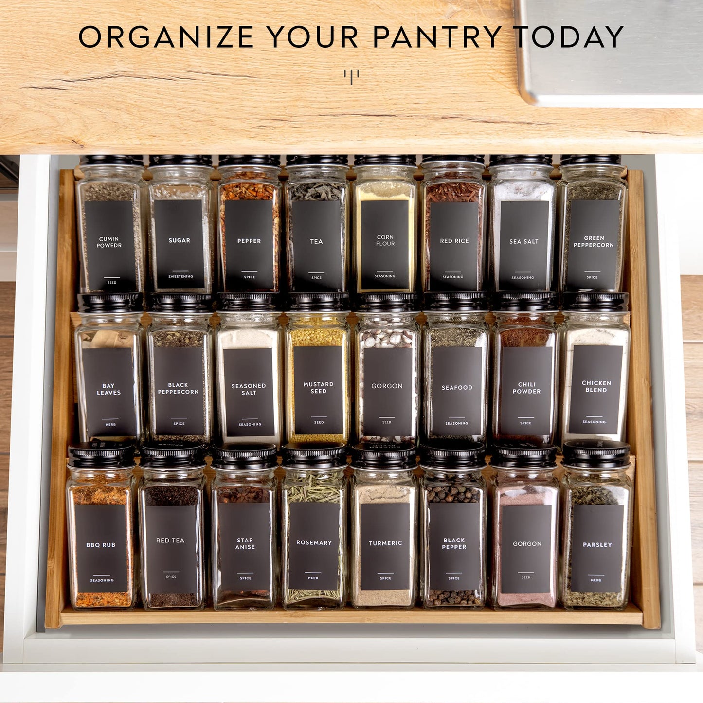 304 Minimalist Spice Label Set, White Text on Black Vinyl Waterproof Label Sticker with Removable Adhesive - Fits on Round, Square and Rectangle Jars - Organize Spice, Herb and Seasonings Spice Labels