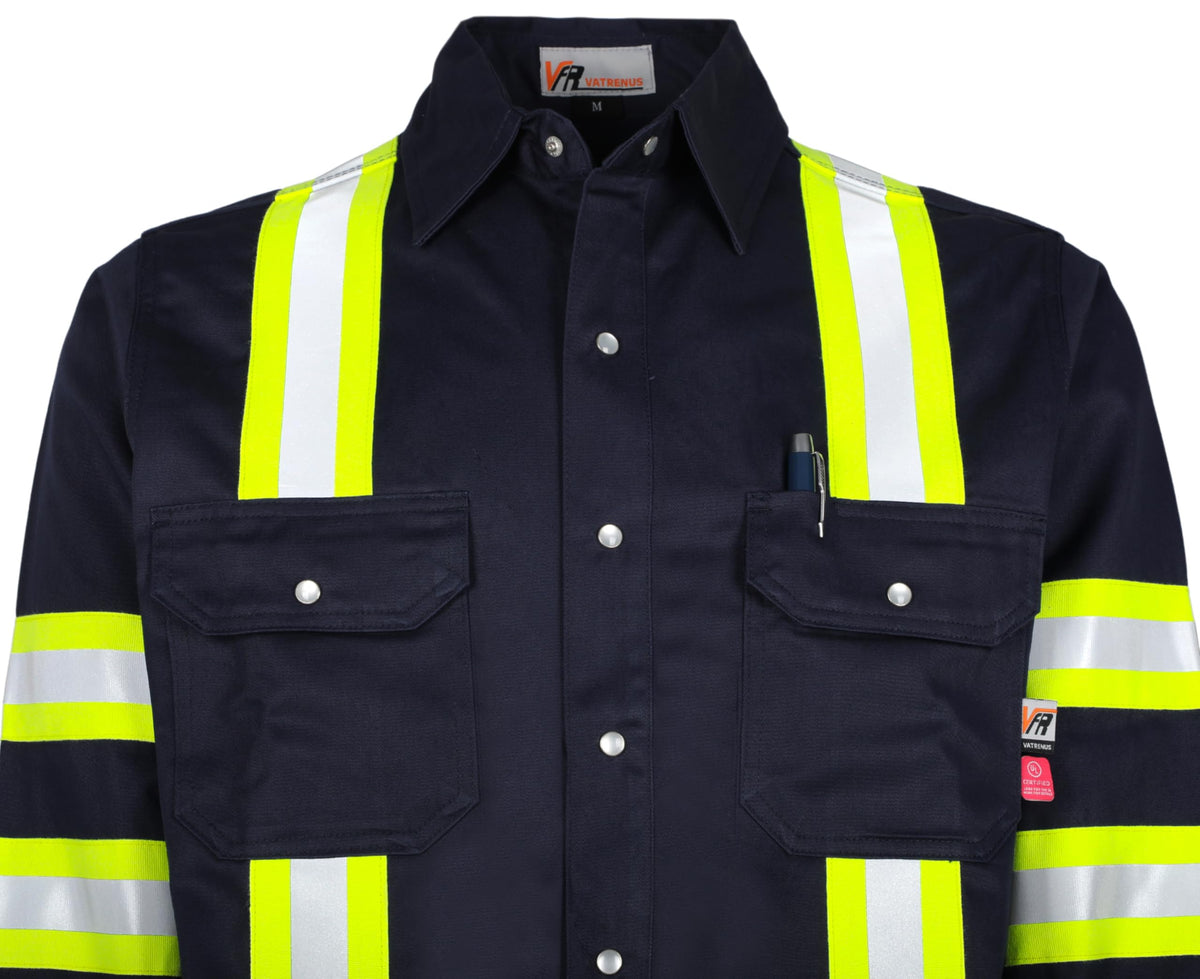 VATRENUS FR Shirt High Visibility Pearl Snaps7.5oz 100% Cotton CAT2 Flame Retardant Hi Vis Reflective Safety Shirt Medium Navy