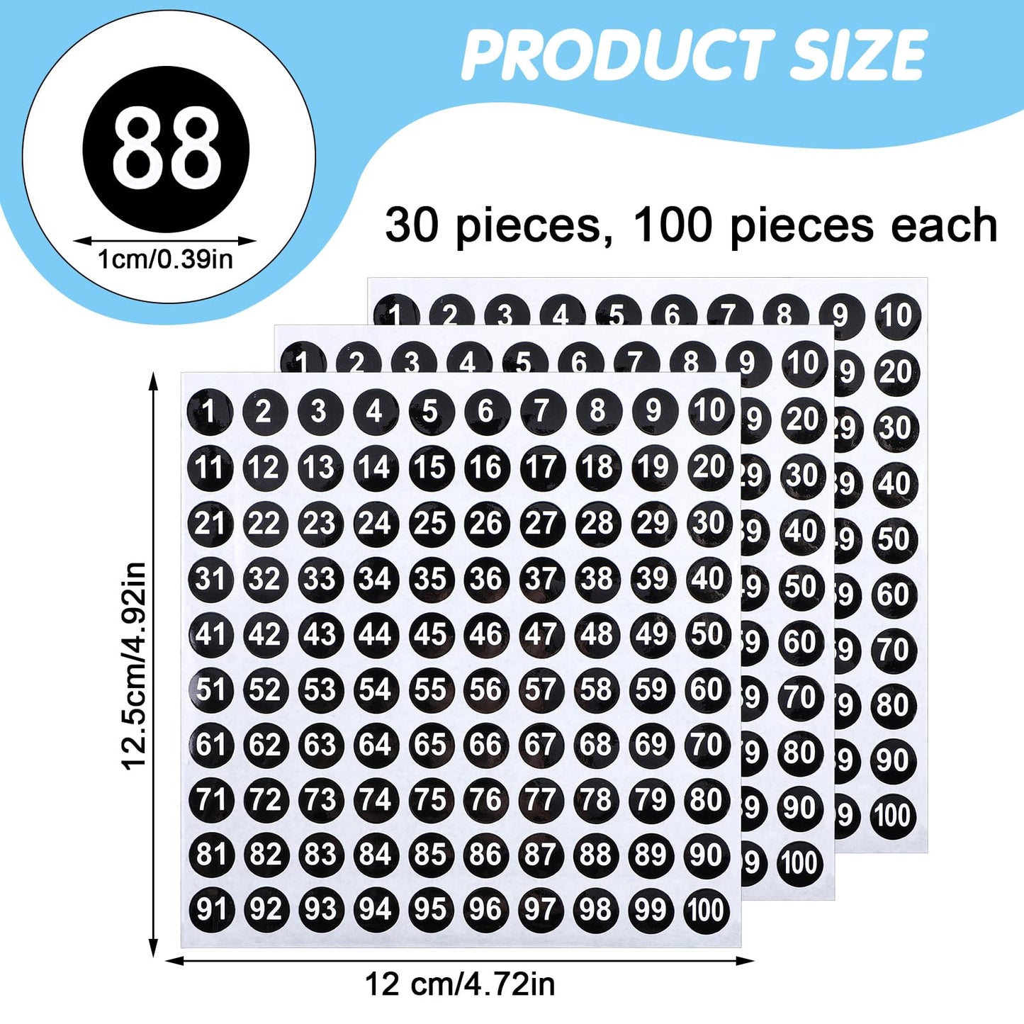 30Pcs Number Stickers 1-100 Consecutive Vinyl Small Number Stickers 0.4Inch Round Self-Adhesive Number Labels Stickers Number Decals for Office Classroom Storage Classification Boxes Locker