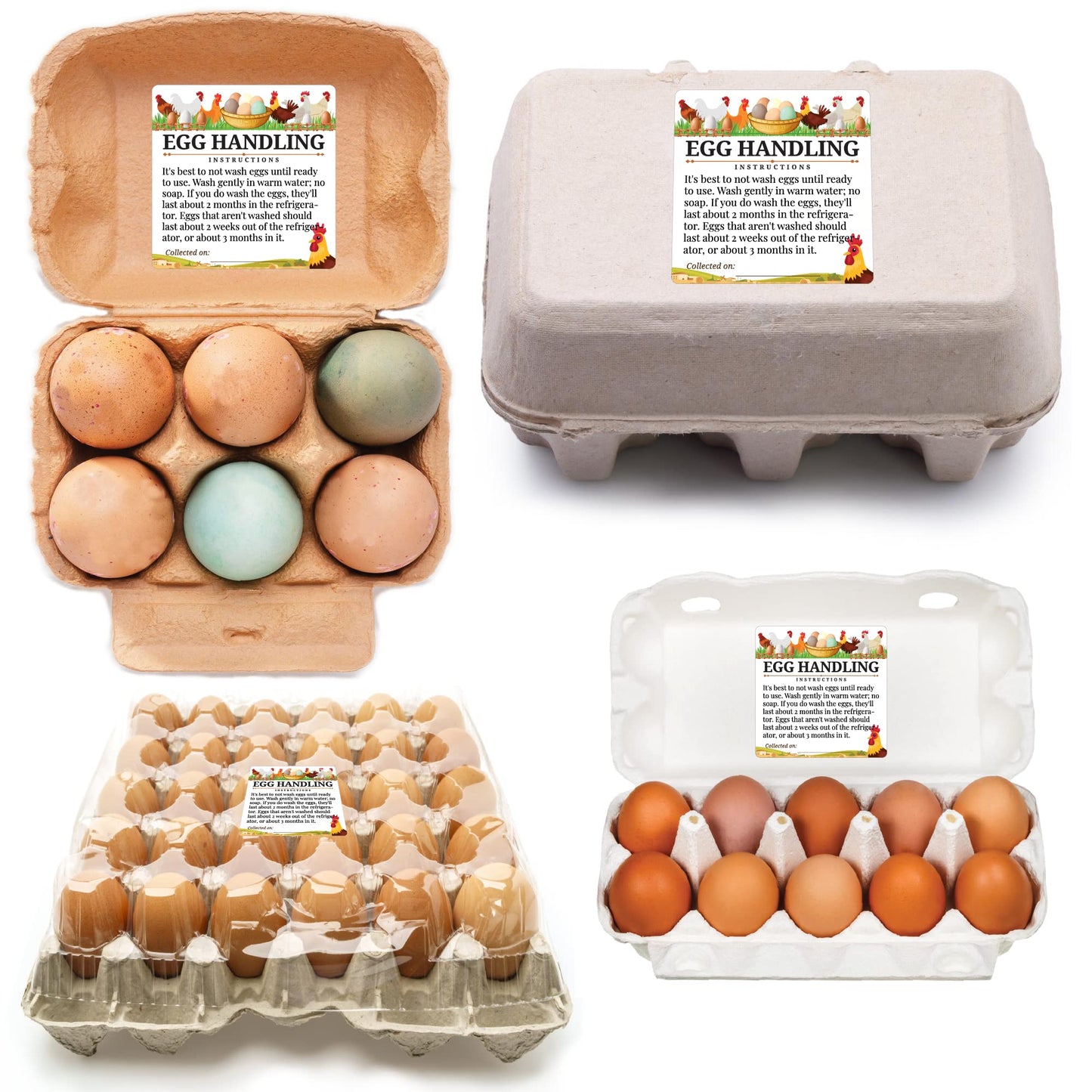 100pcs Premium Fresh Farm Eggs Handling Care Instructions Stickers Labels Accessories | 4 6 12 15 18 30 48 50 Egg Blank Cartons Basket Box Container Storing Extra Organizer (M02-3SS)