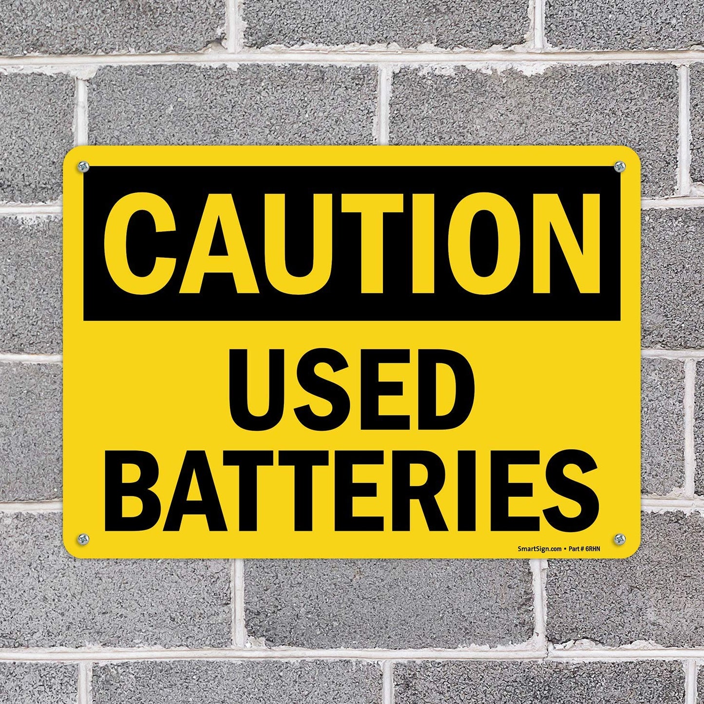 SmartSign "Caution - Used Batteries" Sign | 10" x 14" Aluminum Black on Yellow