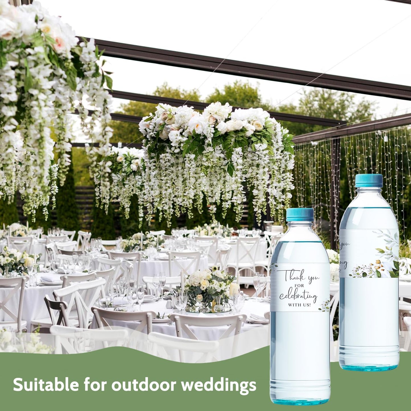 50pcs Wedding Water Bottle Labels Thank You Cards Flower Leaves Water Bottle Wraps Sticker Decorative Waterproof Bottle Wraps Rectangle Label for Bridal Shower Birthday Party Favors Celebration