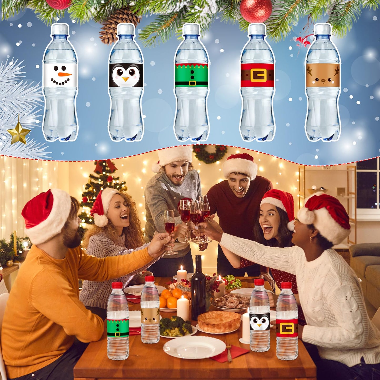 100 Pcs Christmas Water Bottle Labels Merry Christmas Water Bottle Sticker Wrappers Xmas Labels Waterproof Santa Reindeer Snowman Party Favors for Party Decorations