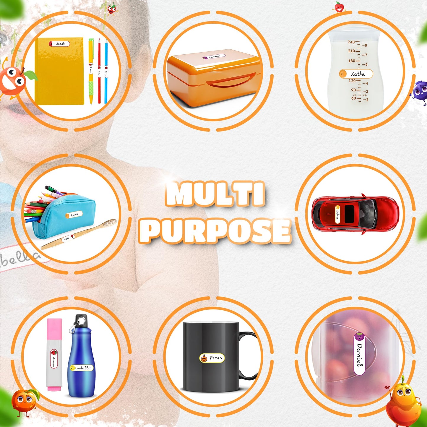 80 Premium Baby Bottle Labels - Washable and Waterproof Labels for Bottles, Toys, Food Containers - Durable, Super Adhesive, Self Laminating and Writable Daycare Bottle Label - Fruit Fiesta Theme