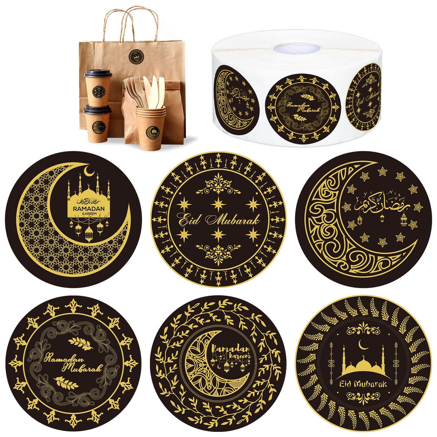 Waline Ramadan & Eid Stickers - Black Gold Islamic Decorations, 6 Designs Eid Ramadan