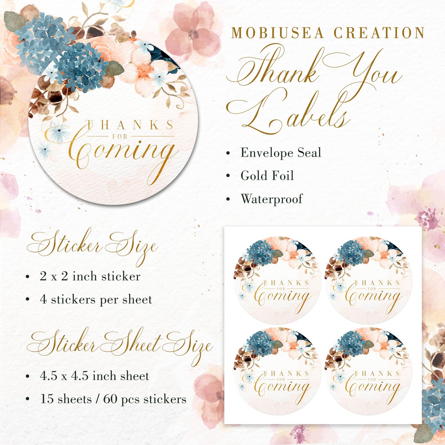 Mobiusea Creation Blue Dusty Blush Pink Floral Thank You for Coming Stickers | 2 inch | Gold Foil | 60pcs Waterproof Thank You Stickers Wedding Labels for Wedding, Bridal Shower, Baby Shower