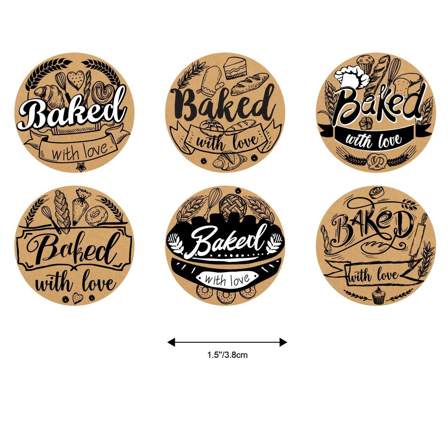 600 Baked with Love Stickers 1.5" Round Natural Kraft 6 Unique Design Perfect for Baked Goods Packing and Wrapping, Add Unique Touch to Your Business and Homemade Cookies