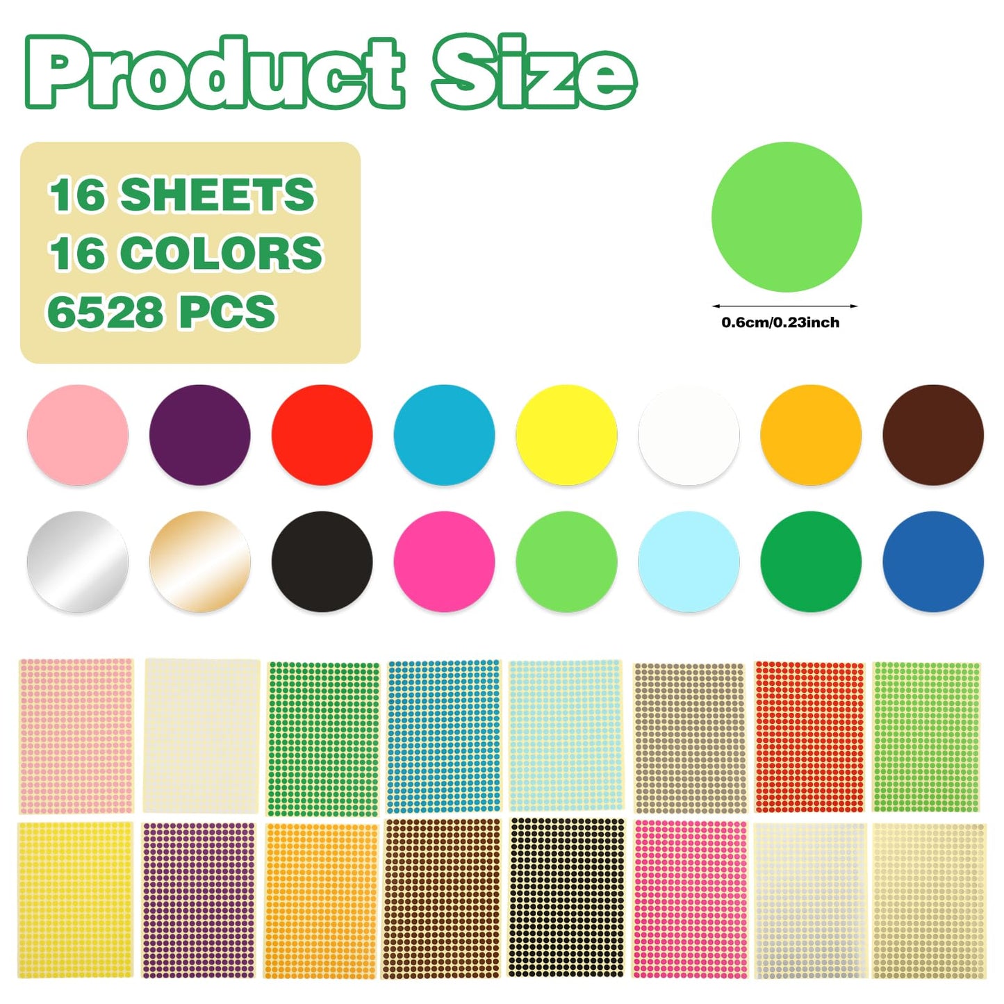 6528Pcs 1/4 Inch Colored Dot Stickers, Coding Labels Circle Dot 16 Color Code Dots Round Adhesive Dots Sticker for Office Classroom Kids(Small) C