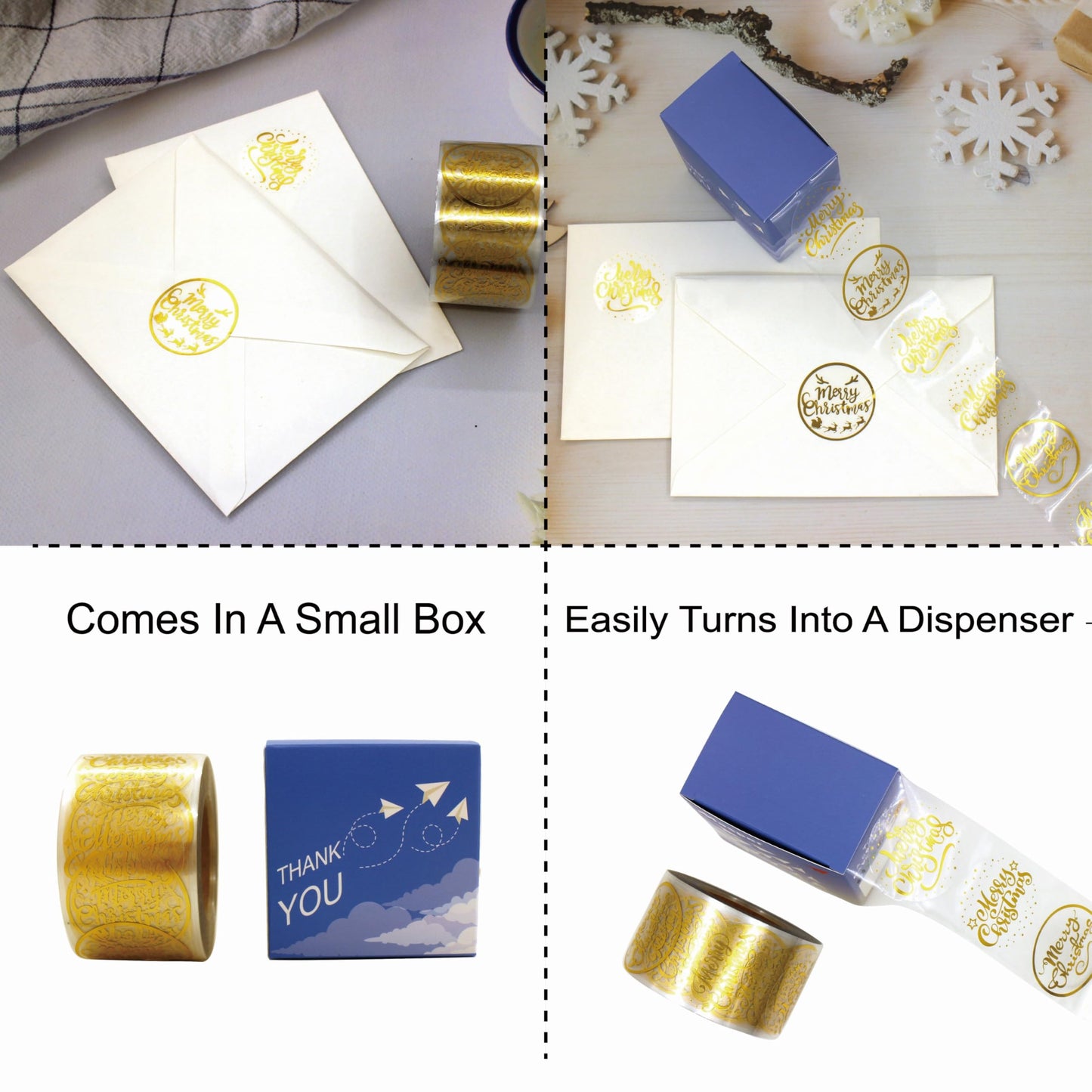 1.5 Inch Christmas Stickers - Gold Foil Merry Christmas & Winter Holiday Stickers for Decorations, Cards, Crafts & Bags