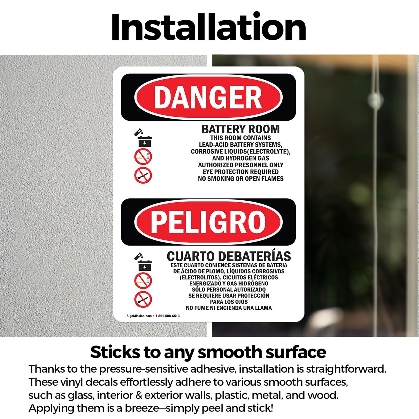 (2 Pack) Battery Room Bilingual OSHA Danger Sign 12 Inch X 18 Inch Vinyl Label Decal Sticker Weather Resistant, UV Protected for Workplace, Business, and Construction Site, Made in the USA Vinyl Decal