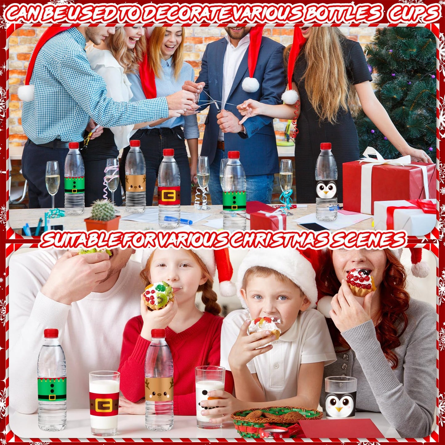100 Pcs Christmas Water Bottle Labels Merry Christmas Water Bottle Sticker Wrappers Xmas Labels Waterproof Santa Reindeer Snowman Party Favors for Party Decorations