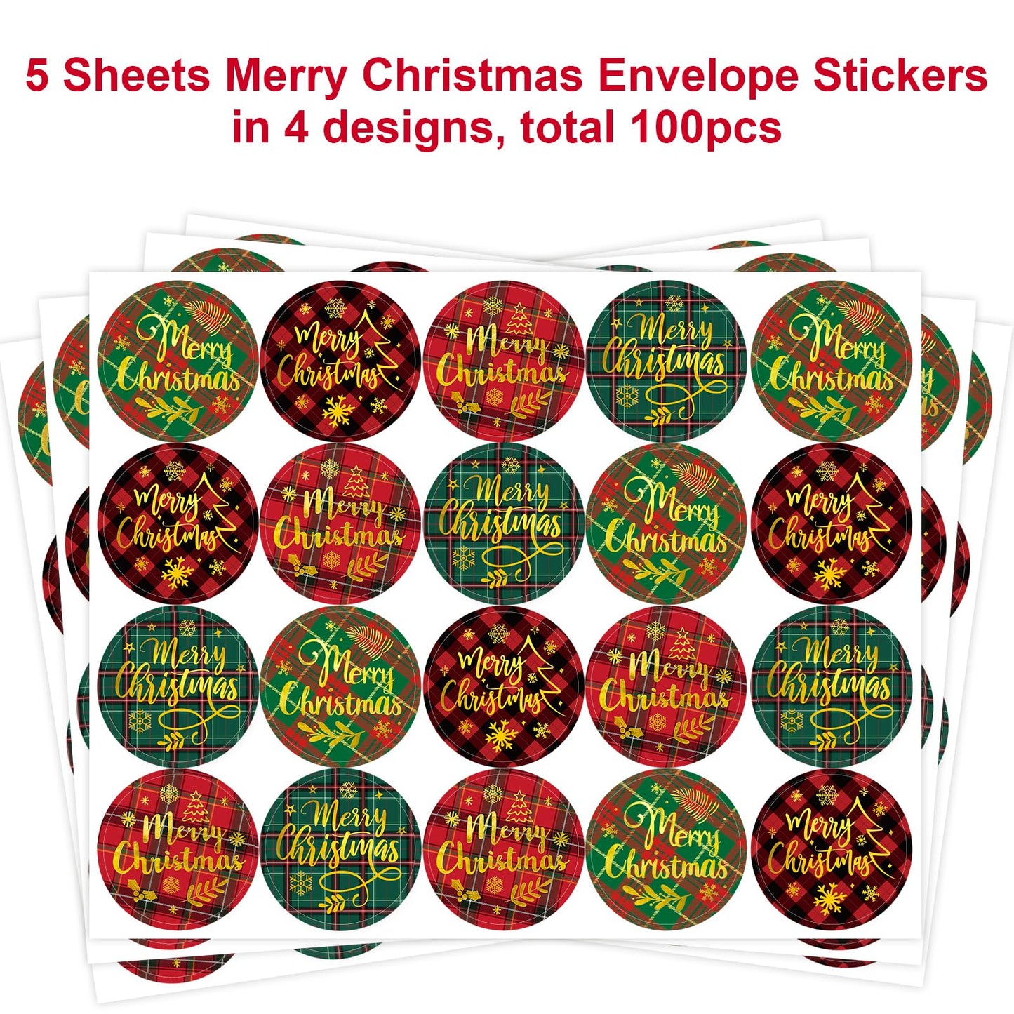 Merry Christmas Stickers Plaid Xmas Gold Foil Sealing Labels for Holiday Envelopes Cards Scrapbook Decor Supplies 100 Pcs