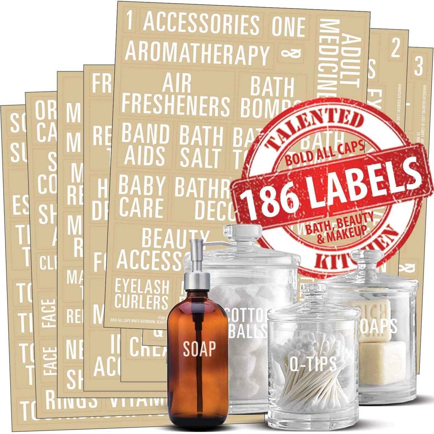 Talented Kitchen 186 Bold All Caps Bathroom & Beauty Labels. White Vinyl Stickers. Organization Storage System Bathroom in White - 186 Bold All Caps Labels X-Large