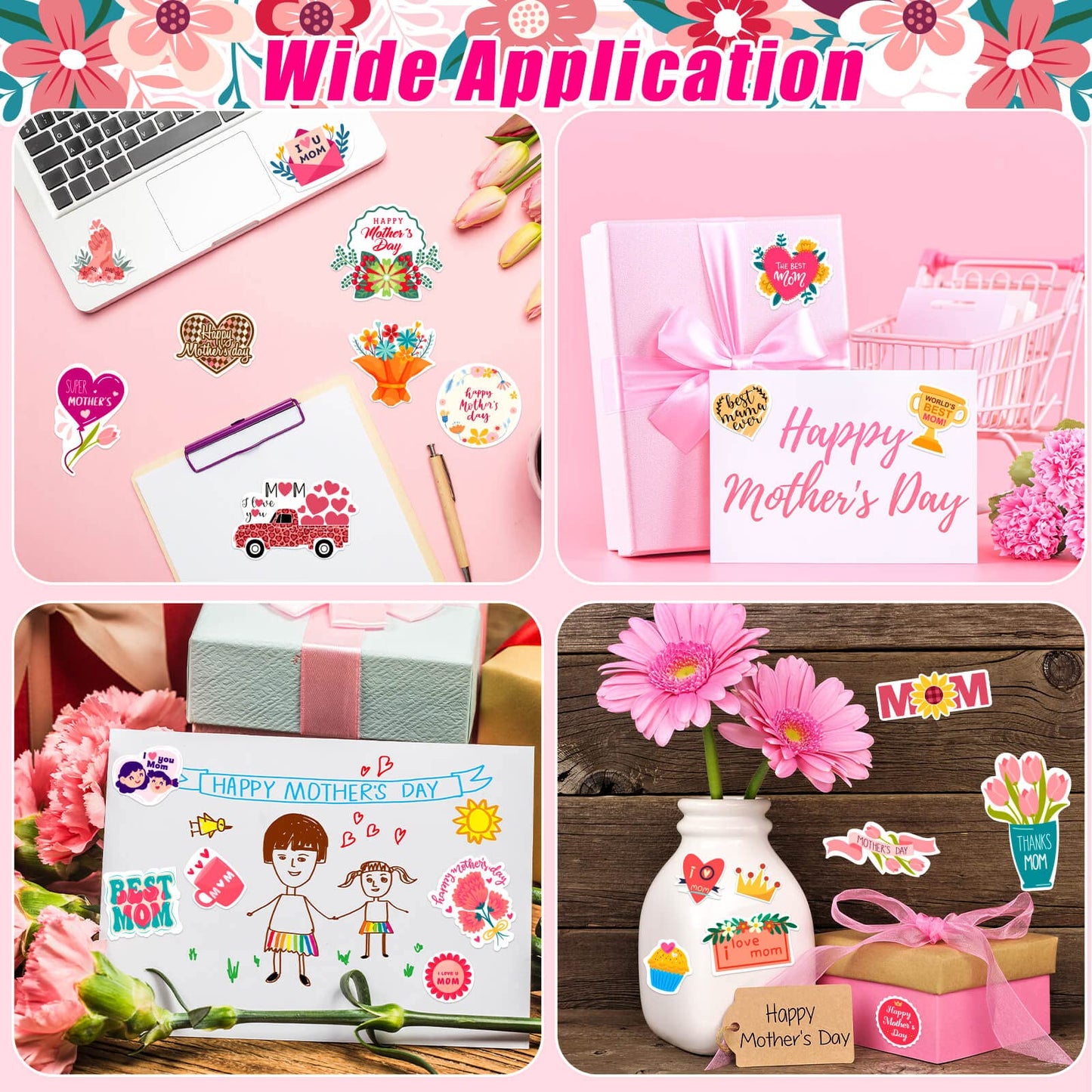 Happy Mothers Day Stickers, 16 Sheets Cute Mom Stickers for Mother's Day Gift Cards Labels Party Gift Decorations