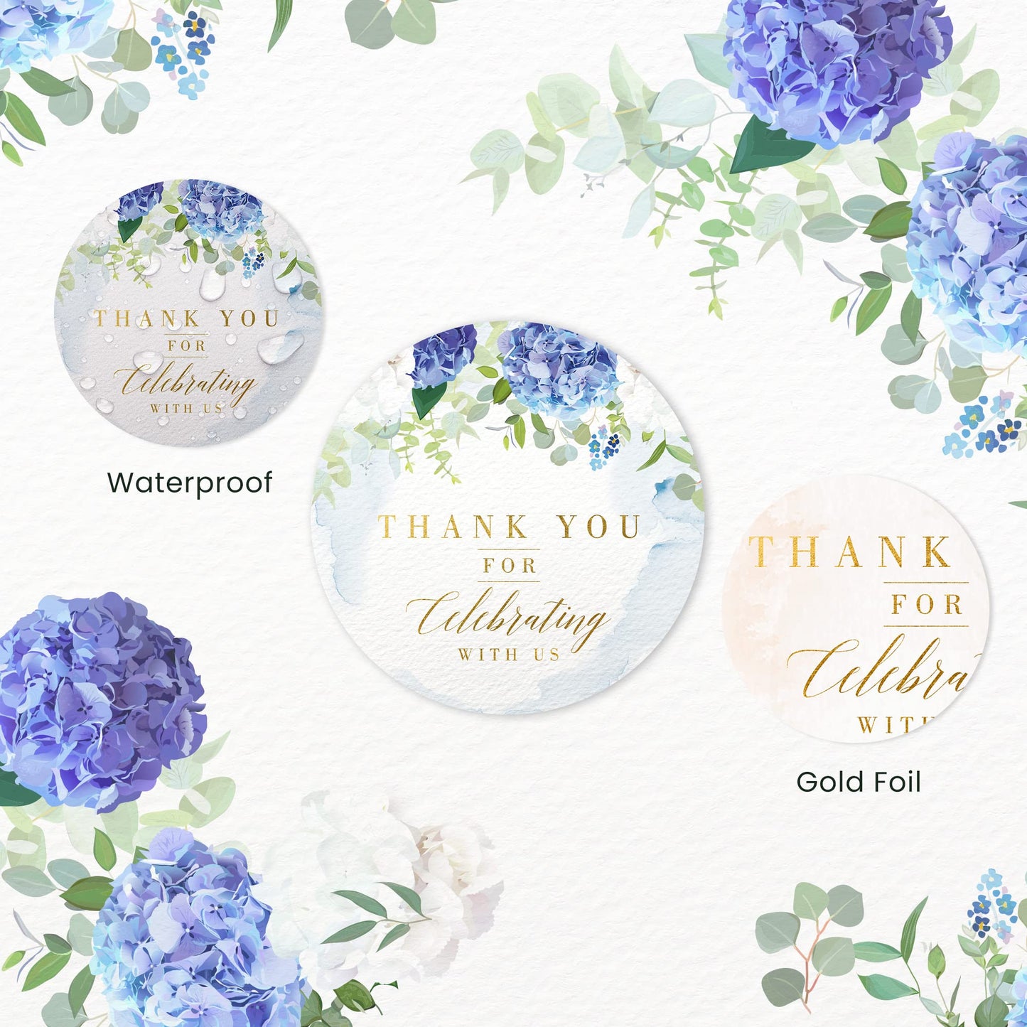 Mobiusea Creation Blue Floral Thank You for Celebrating with us Stickers | 2 inch | Gold Foil | 60pcs Waterproof Thank You Stickers Wedding Labels for Wedding, Bridal Shower, Baby Shower