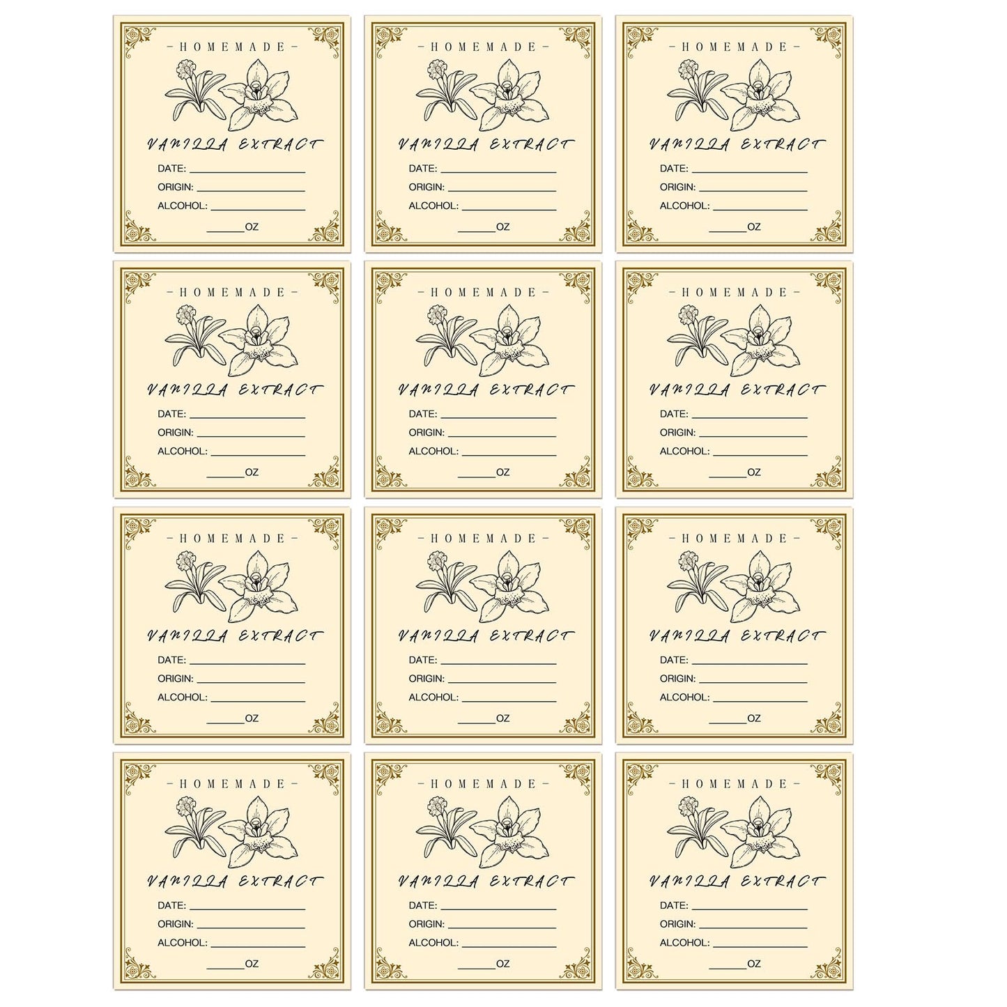 12PCS Vanilla Extract Labels - Homemade Vanilla Stickers for Handcrafted Bottles, Vintage Labels for 2oz,4oz,8oz,16oz Bottles (2.5inch,Square)