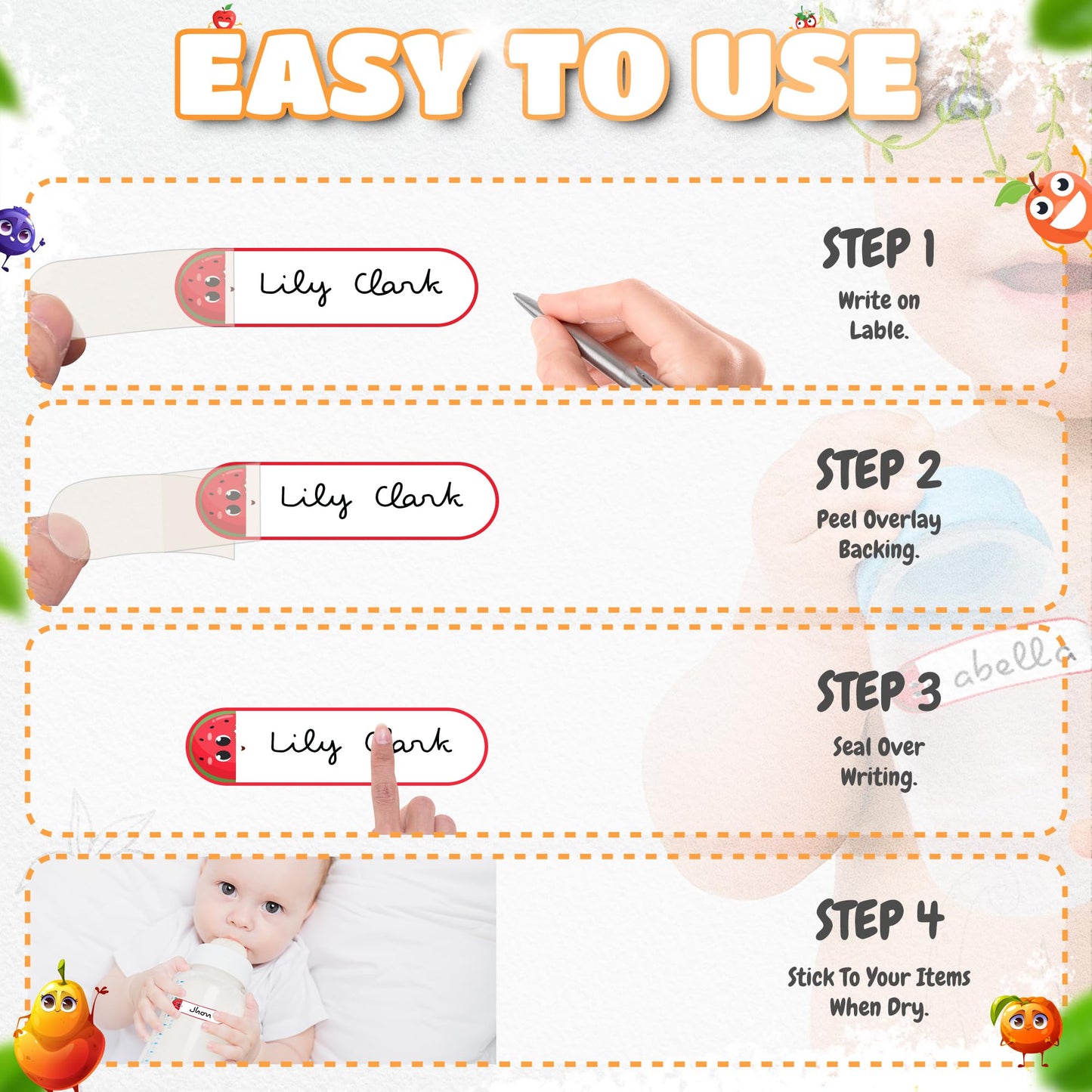 80 Premium Baby Bottle Labels - Washable and Waterproof Labels for Bottles, Toys, Food Containers - Durable, Super Adhesive, Self Laminating and Writable Daycare Bottle Label - Fruit Fiesta Theme