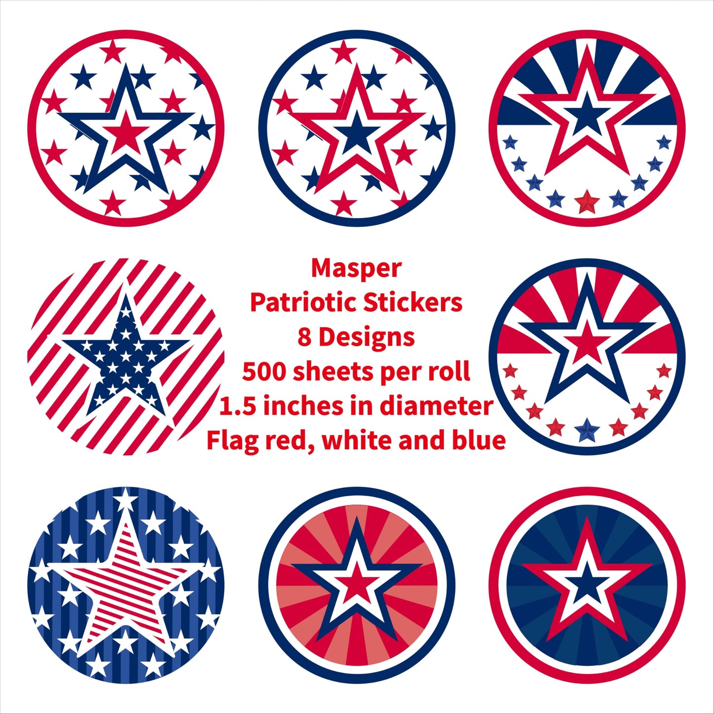 1.5 inches/500 Patriotic Stickers, 8 Designs of American Flag Stickers, 4th of July Stickers for Patriotic Decor Presidents Day Memorial Day Independence Day Labor Day Veterans Day
