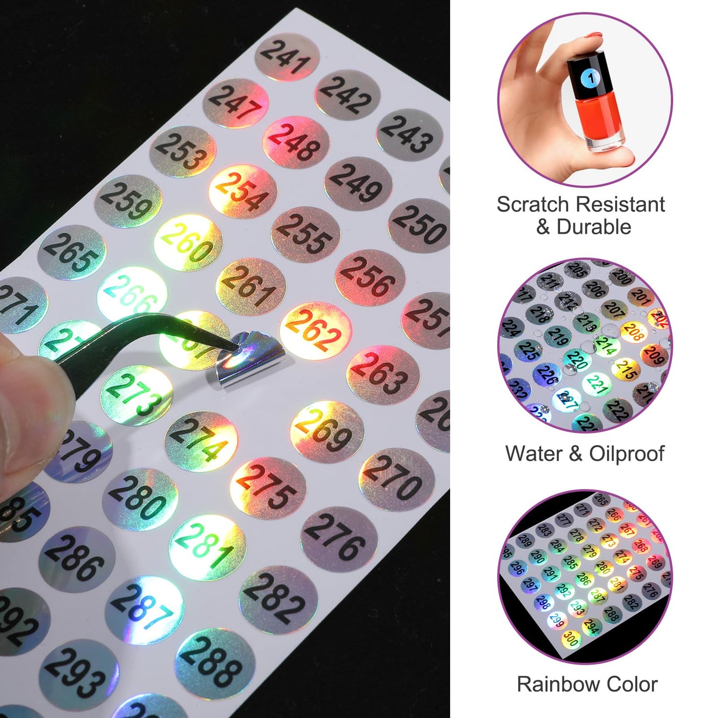 Molain 1-300 Number Stickers, 10 Sheets Self Adhesive Label Stickers Waterproof Round Stickers Reflective Laser Number Stickers Consecutively Numbered Labels for Storage/Organizing
