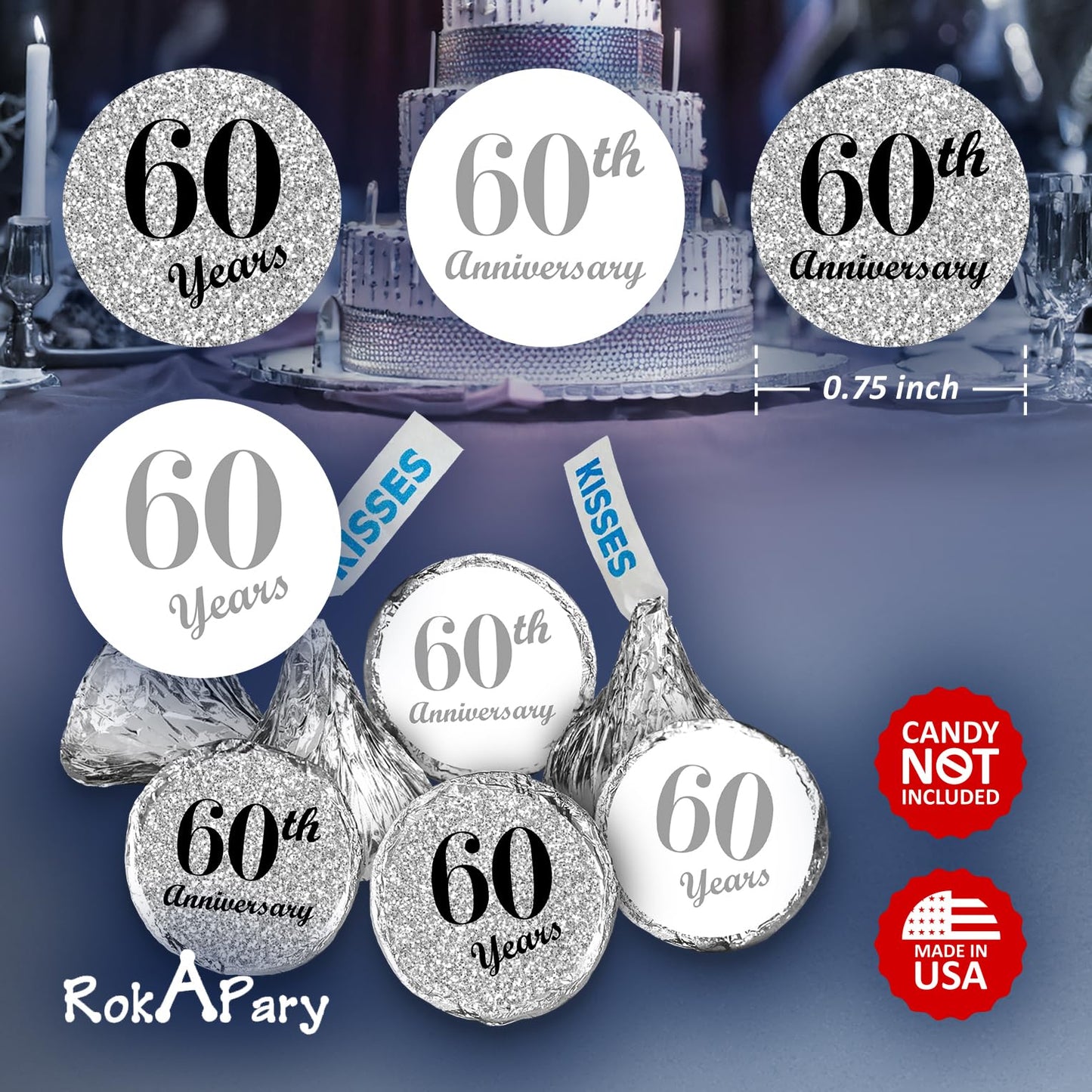 60th Anniversary Kisses Stickers, (Set of 216) Chocolate Drops Labels Stickers for 60 Wedding Anniversary, Party Favors Decor for Kisses. Made in USA