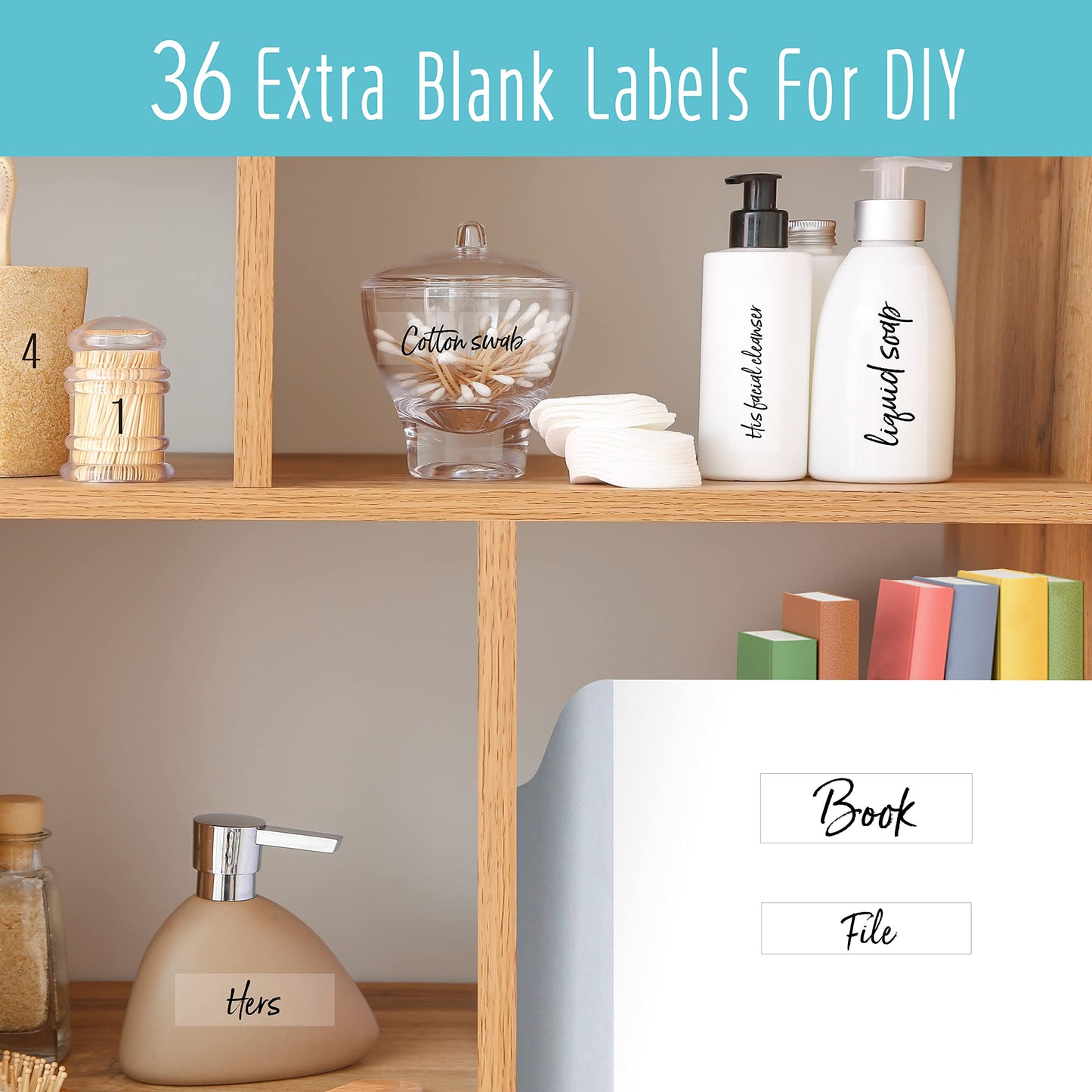 300+ Bathroom Labels, Include Over 265 Preprinted Bathroom, Beauty & Makeup Stickers and 36 Blank Ones, Waterproof/Oil/Tear Resistant No Residue Cursive Bathroom Stickers Style 3