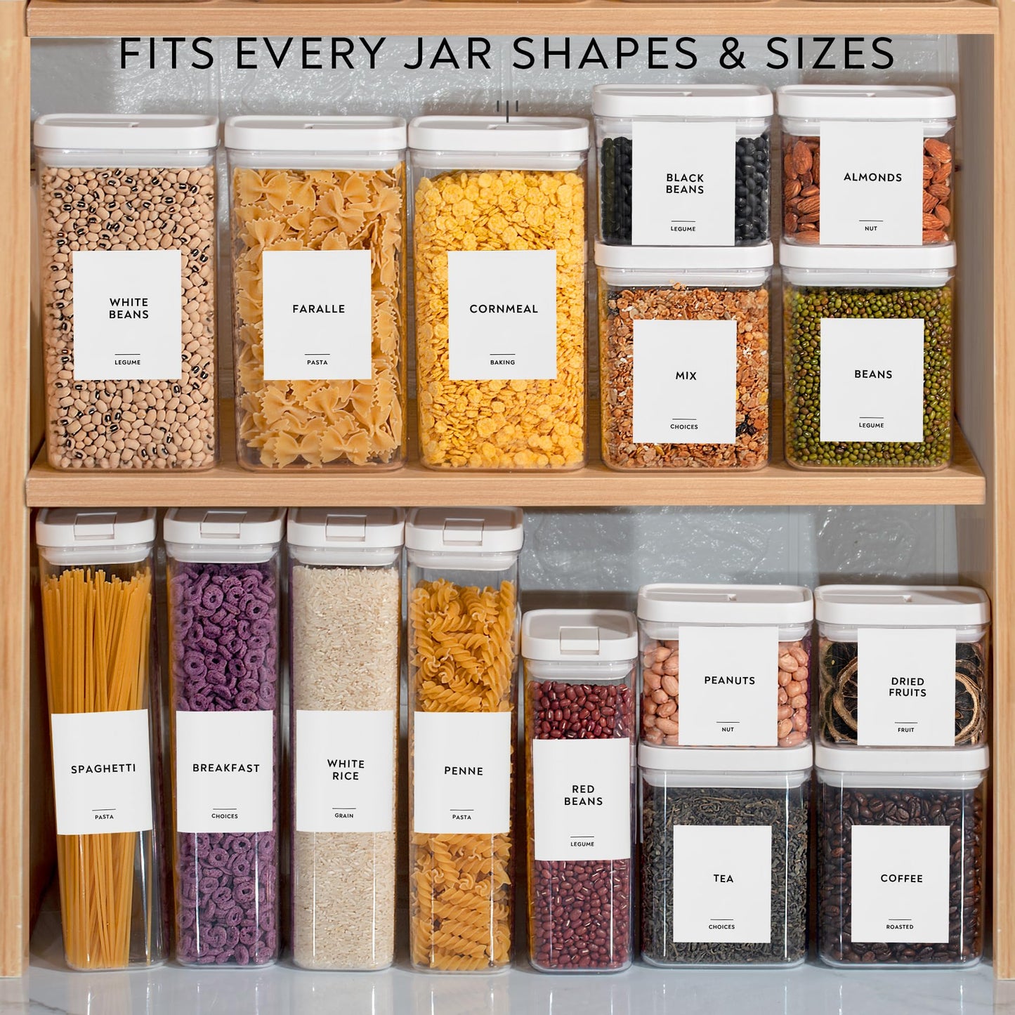 351 Ultimate Pantry Label Set, Black Text on White Vinyl Waterproof Label Sticker with Removable Adhesive- Fits on round, square and rectangle jars - Organize pasta, baking, legume and grain Pantry Labels Rectangle X-Large