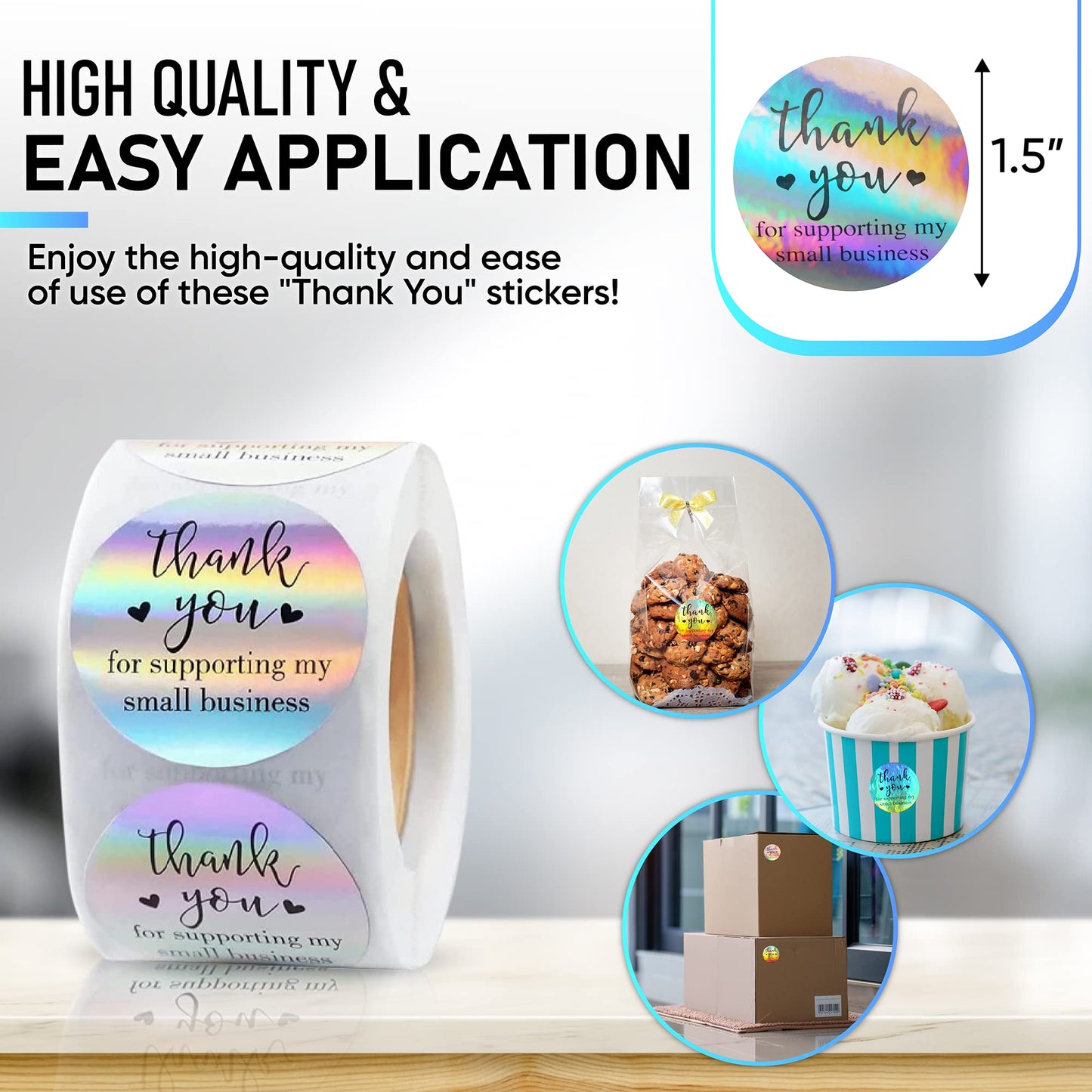 500 PCS Holographic Thank You for Supporting My Small Business Stickers – 1.5 Inch Round Self-Adhesive Waterproof Labels – Eye-Catching Packaging Seals for Orders, Gift Bags, Boxes & Envelopes