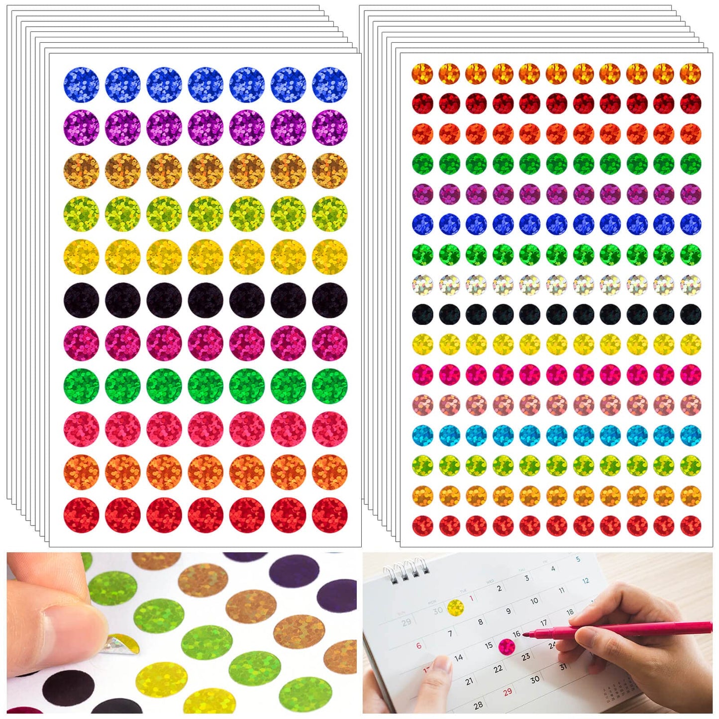 5060 PCS Small Shiny Dot Colored Stickers - 1/4" and 1/2" Tiny Glitter Round Stickers, Mini Sparkle Laser Circle Stickers for Kids Teachers Student Classroom Office,16 Colors 5060dot stickers