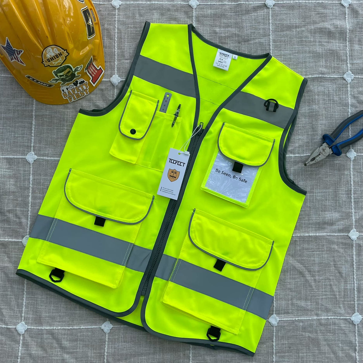 TCCFCCT Safety Vest for Men Women 9 Pockets High Visibility Reflective Vest for Safety, Work Vest with Reflective Strips, Meets ANSI/ISEA Standards, (Yellow, X-Large) Yellow Fabric-bison 001