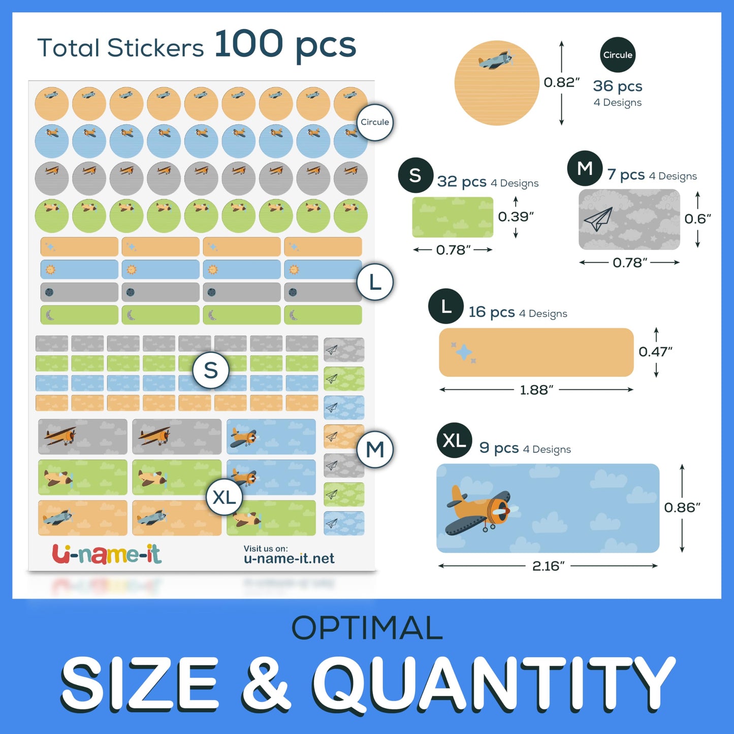 U-Name-It Self-Writing Name Stickers: 100 Personalized Waterproof Labels for Kids, Dishwasher & Microwave Safe, Name Stickers for Daycare, Bottles, School, and Camp, (Airplane)
